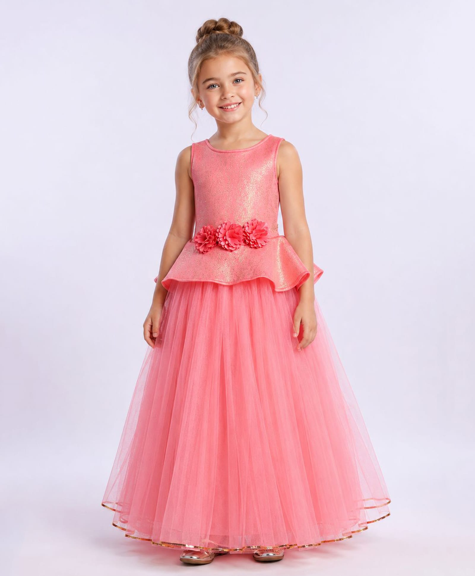 Toy Balloon Kids Satin Mesh Sleeveless Glitter Embellished Floral Applique Detailed Dress - Baby Pink-image-39