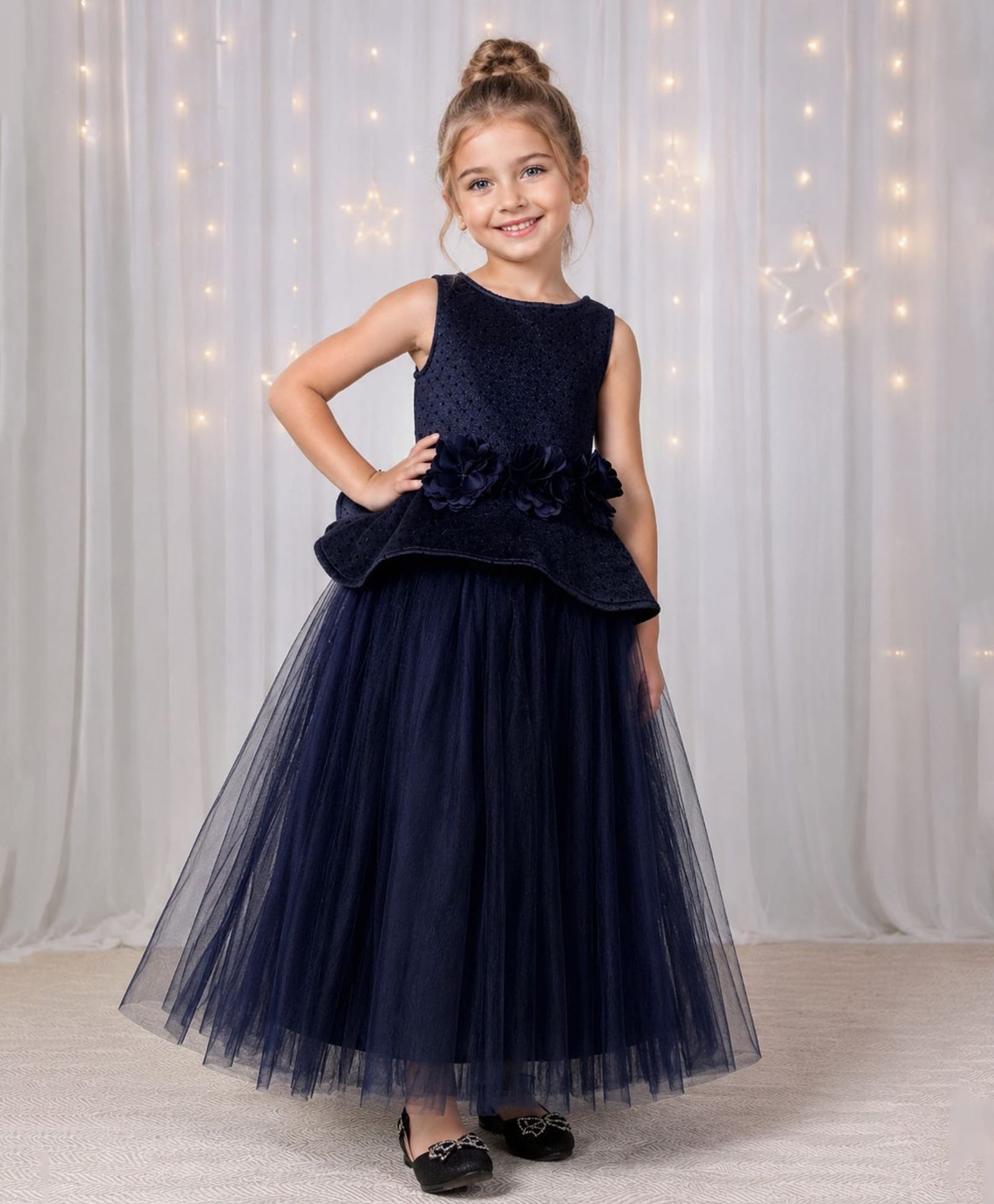 Toy Balloon Kids Satin Mesh Sleeveless Glitter Embellished Floral Applique Detailed Dress - Navy Blue-image-5