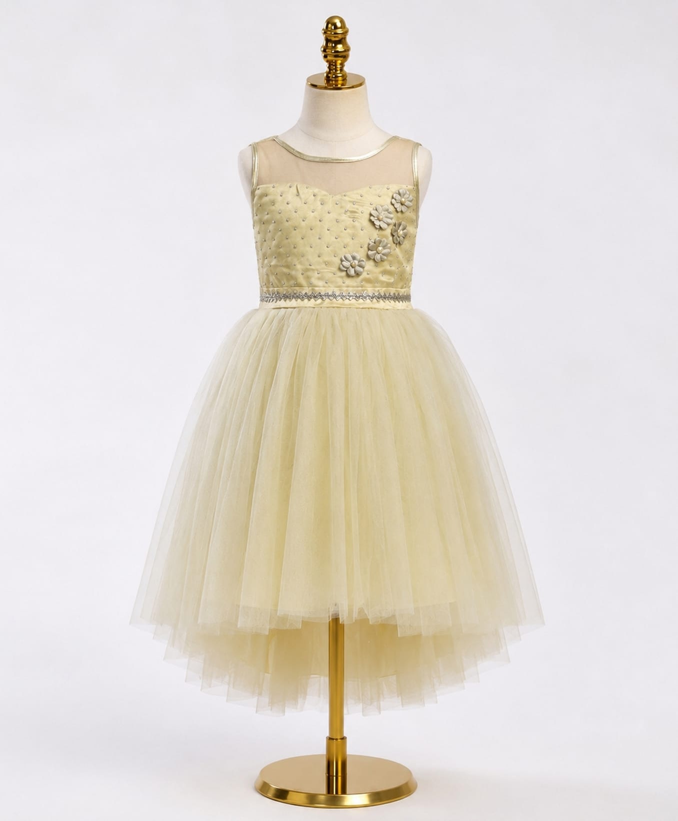 Toy Balloon Kids Satin Mesh Sleeveless Pearl & Glitter Embellished Floral Applique Detailed High Low Dress -Lemon Yellow-image-42