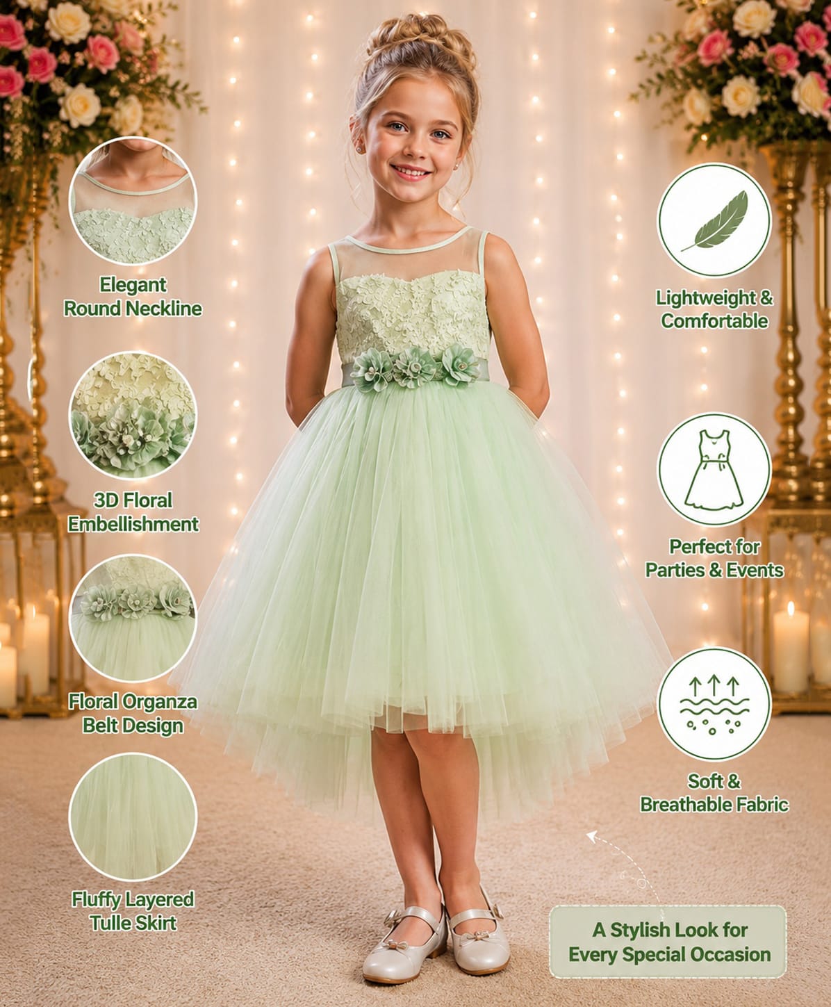 Toy Balloon Kids Satin Mesh Sleeveless Pearl & Glitter Embellished Floral Applique Detailed High Low Dress - Sea Green-image-37