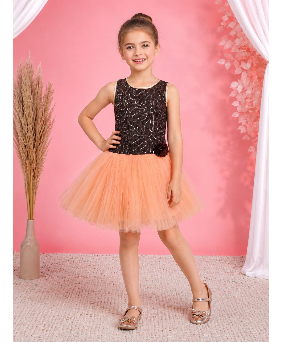 Toy Balloon Kids Satin Mesh Sleeveless Sequins Embellished & Colour Blocked Dress - Peach-image-12
