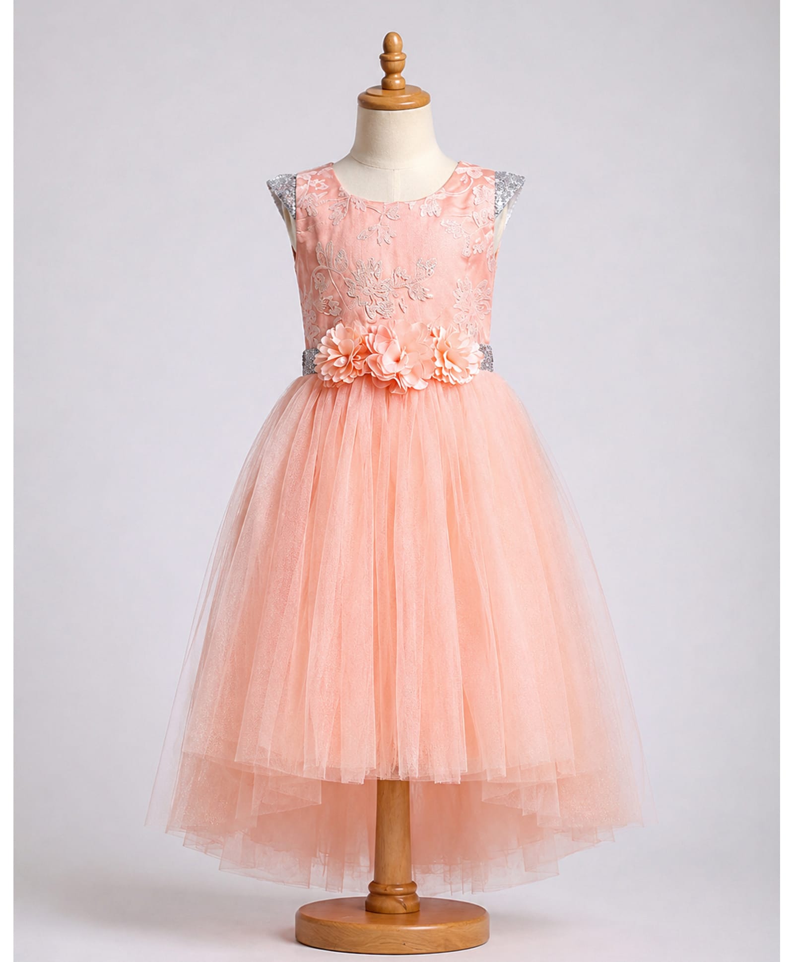 Toy Balloon Kids Satin Mesh Cap Sleeves Glitter & Sequins Embellished Floral Applique Detailed High Low Dress - Light Peach-image-35