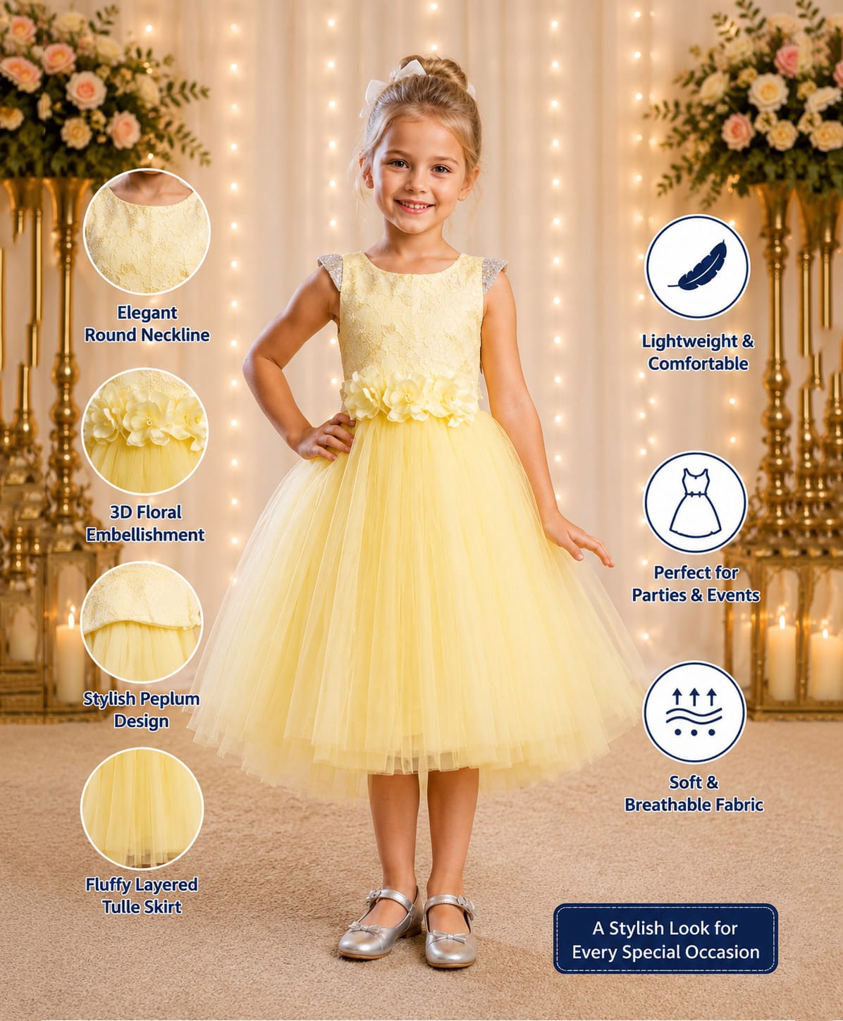 Toy Balloon Kids Satin Mesh Cap Sleeves Glitter & Sequins Embellished Floral Applique Detailed High Low Dress - Yellow-image-49