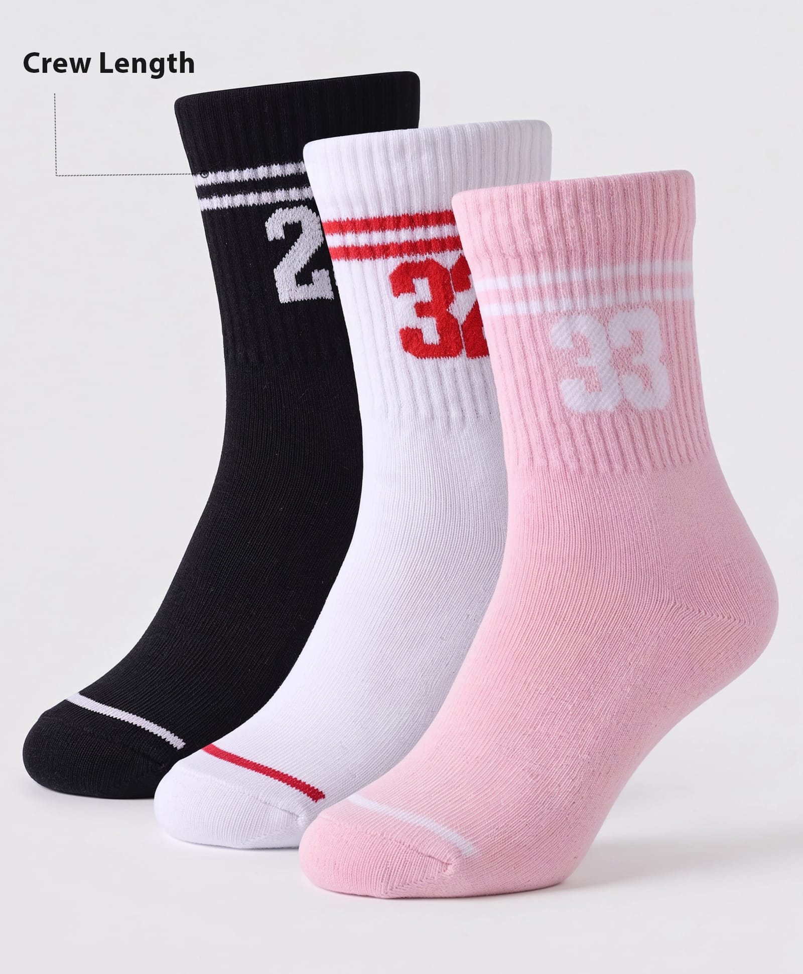 Pine Active Cotton Lycra Knit Terry Breathable Crew Length Athletic Socks With Numeric Text Design Pack of 3 - White, Black & Pink-picture-38