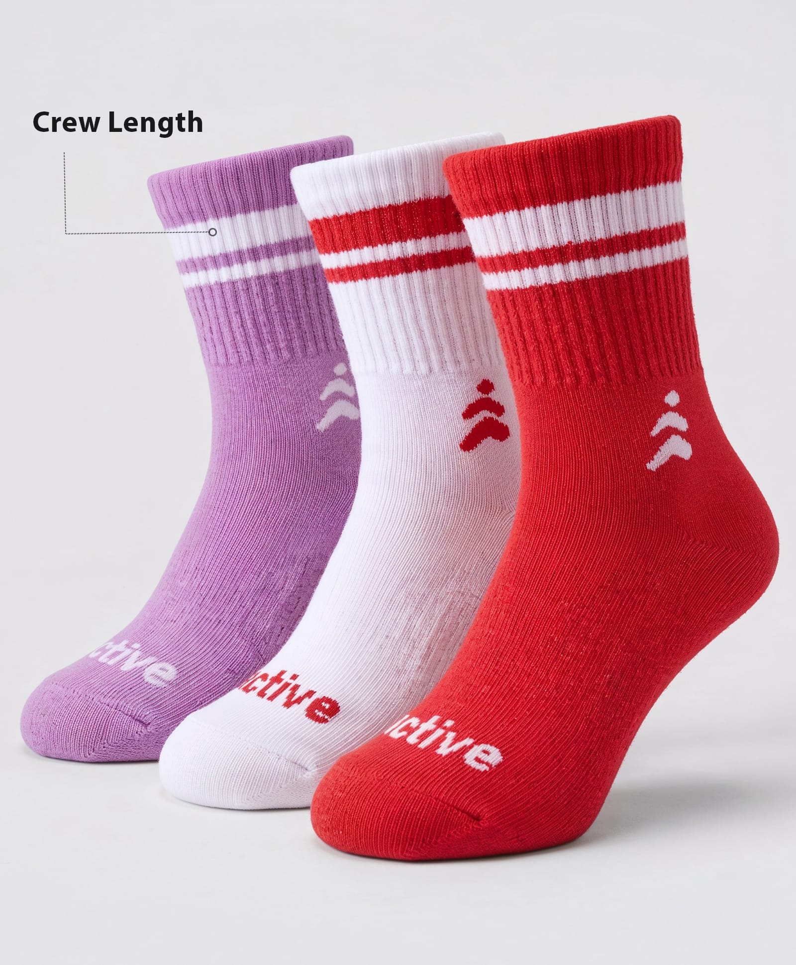 Pine Active Cotton Lycra Knit Terry Breathable Crew Length Athletic Socks With Text Design Pack of 3 - White, Lilac & Red-picture-20