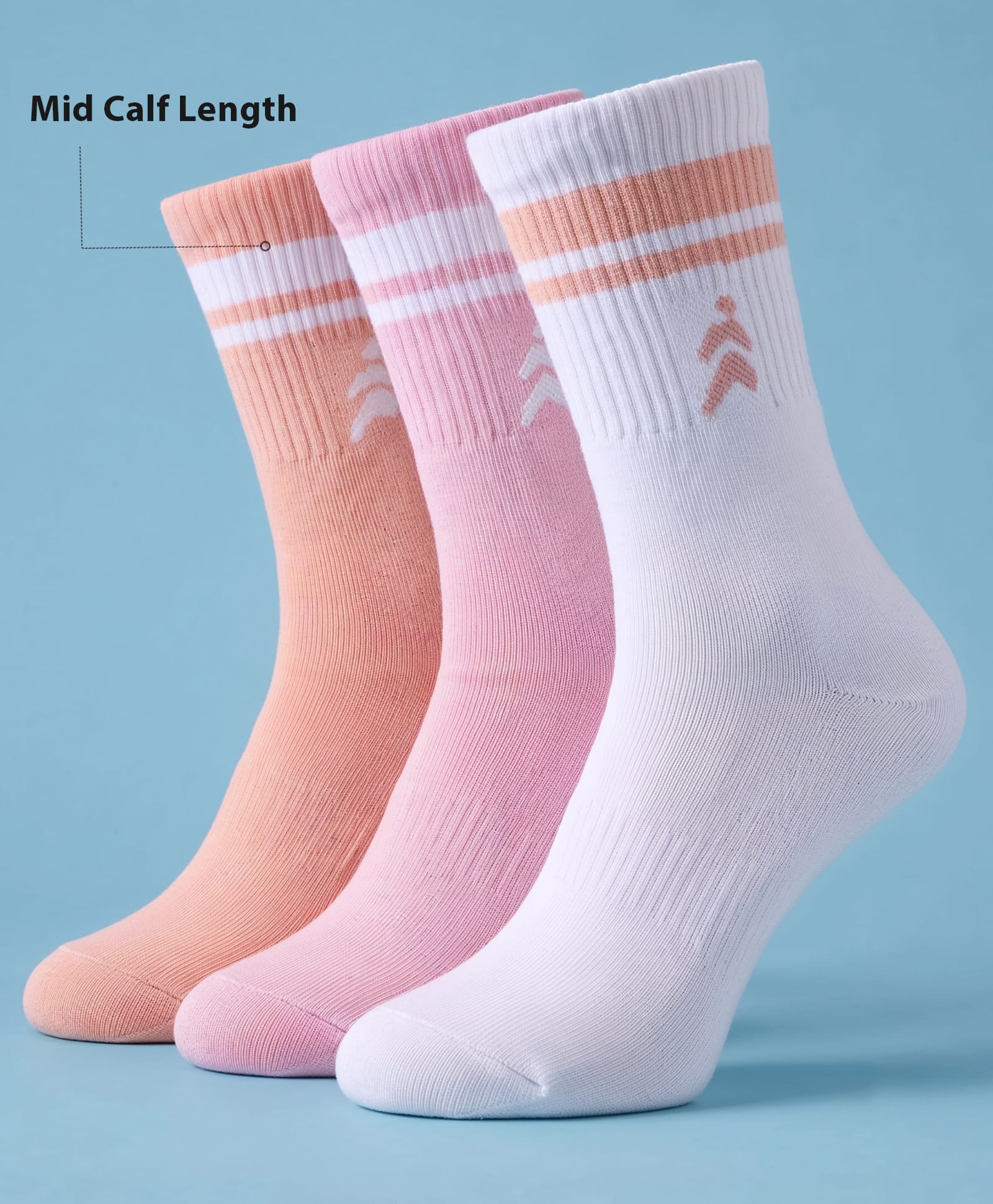 Pine Active Cotton Lycra Knit Terry Breathable Mid Calf Length Athletic Socks With Design Pack of 3 - White, Pink & Orange-picture-37