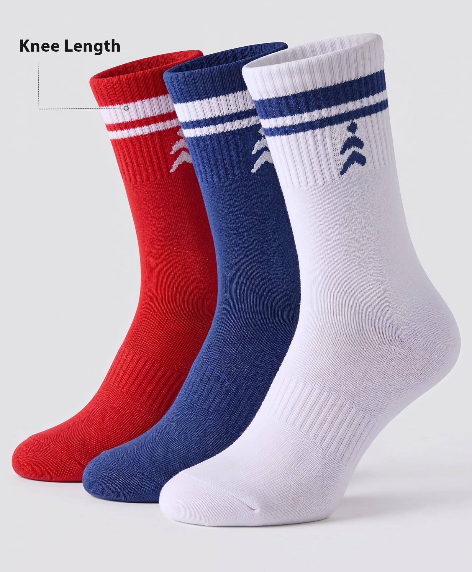 Pine Active Cotton Lycra Knit Terry Breathable Knee Length Football Socks With Design Pack of 3 - White, Blue & Red-picture-32