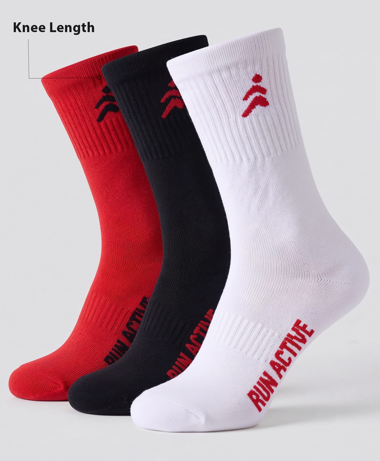 Pine Active Cotton Lycra Knit Terry Breathable Knee Length Football Socks With Text Design Pack of 3 - White, Black & Red-picture-27