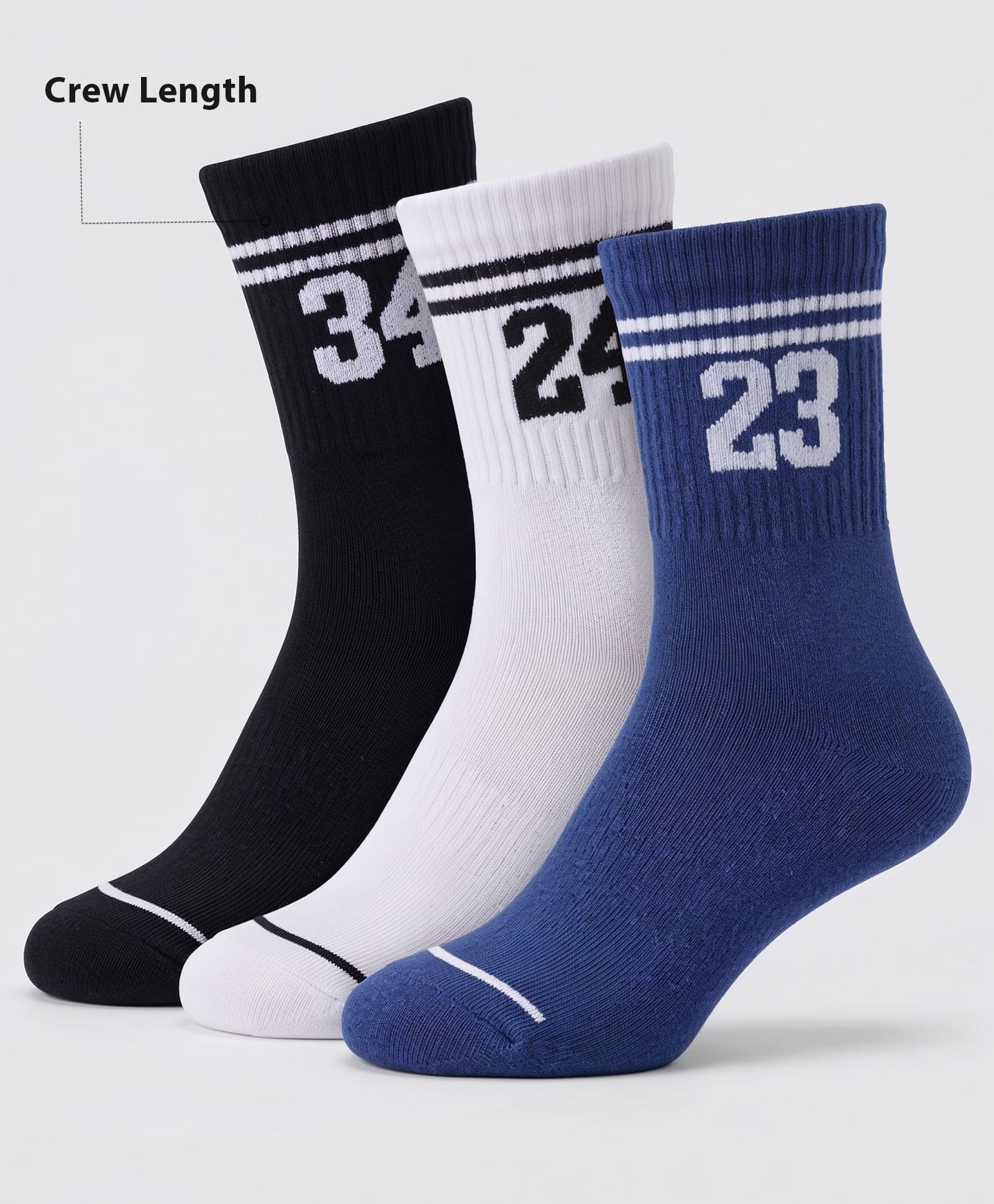 Pine Active Cotton Lycra Knit Terry Breathable Crew Calf Length Athletic Socks With Numeric Text Design Pack of 3 - White, Black & Navy Blue-picture-30