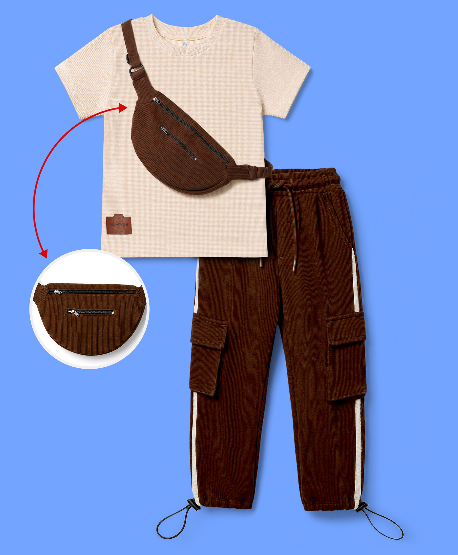 OLLINGTON ST. Sinker Knit Half Sleeve T-Shirt With Pouch & Textured Lycra Toggle Joggers Set - Offwhite & Brown-image-43
