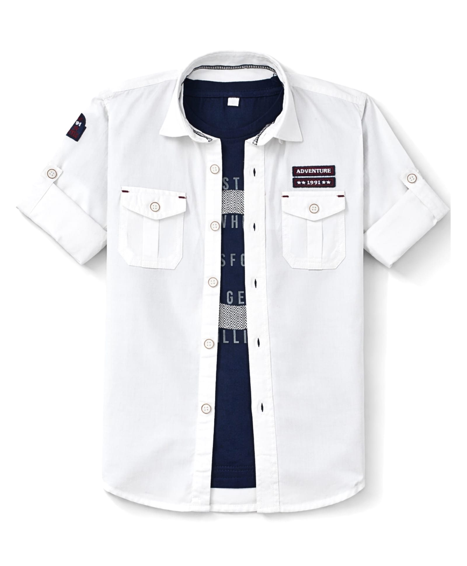 CAVIO Cotton Woven Full Sleeves Adventure Text Patch Detailed Shirt With Tee - White-picture-12