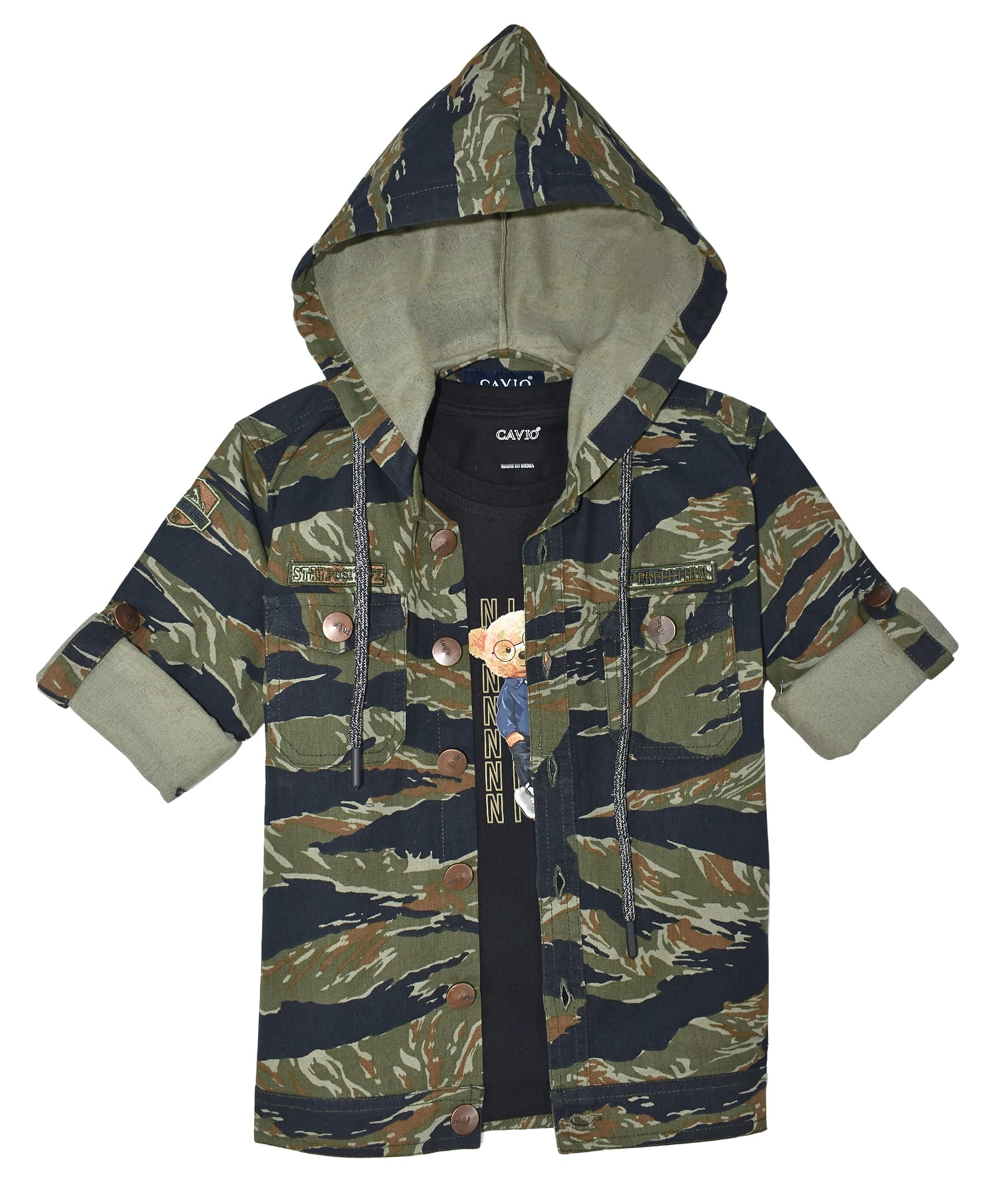 CAVIO Cotton Blend Woven Full Sleeves Camouflage Printed Hooded Jacket With Tee - Multi Colour-picture-27