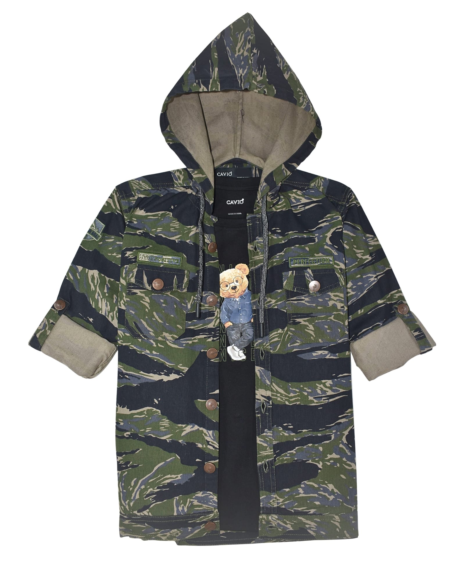 CAVIO Cotton Blend Woven Full Sleeves Camouflage Printed Hooded Jacket With Tee - Blue-picture-28