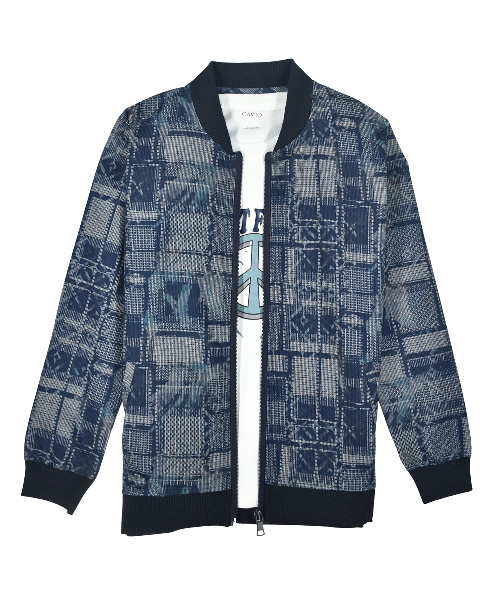 CAVIO Cotton Blend Woven Full Sleeves Abstract Printed Bomber Jacket With Tee - Navy Blue-picture-25