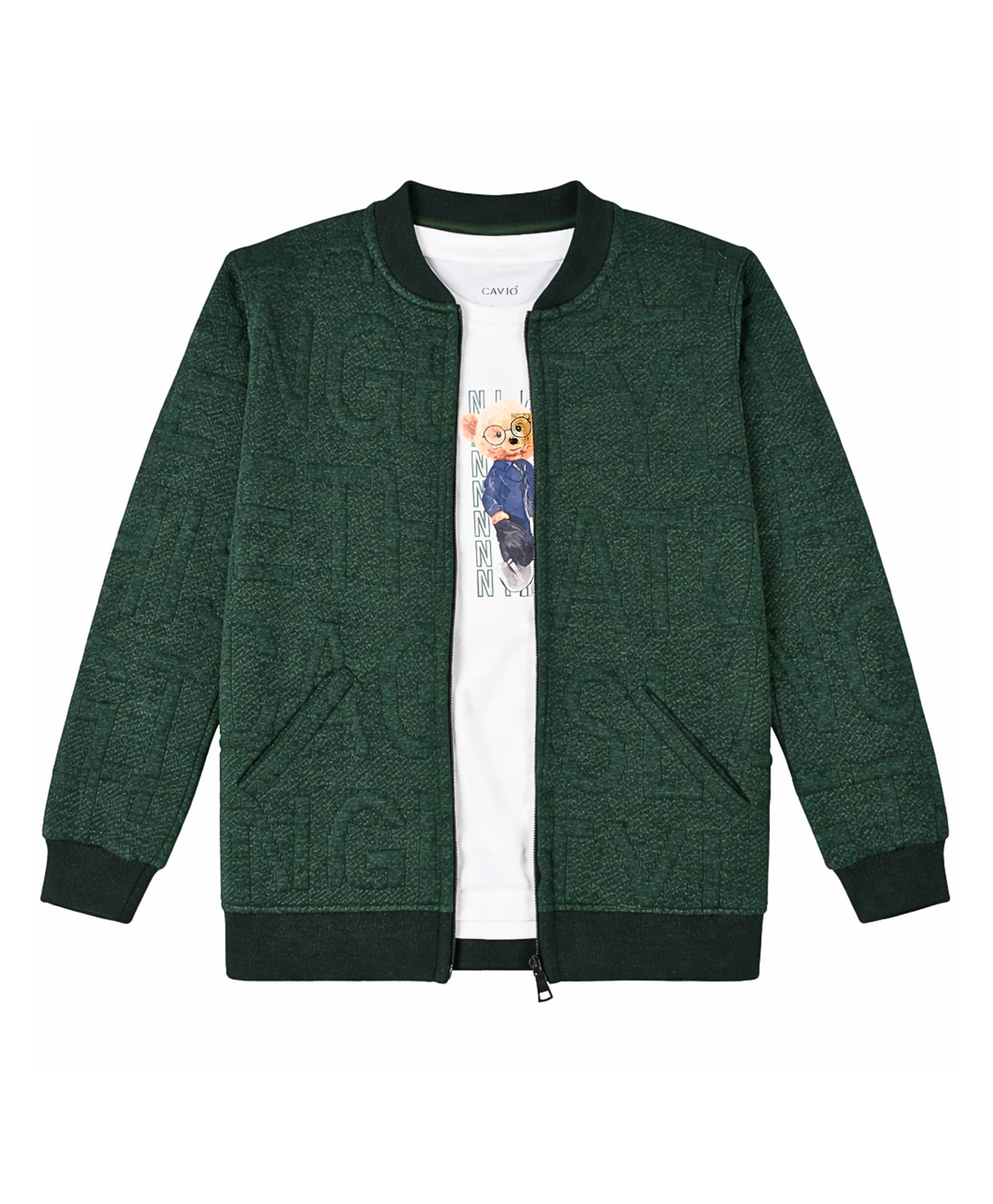 CAVIO Cotton Blend Woven Full Sleeves Textured Bomber Jacket With Tee - Green-picture-29