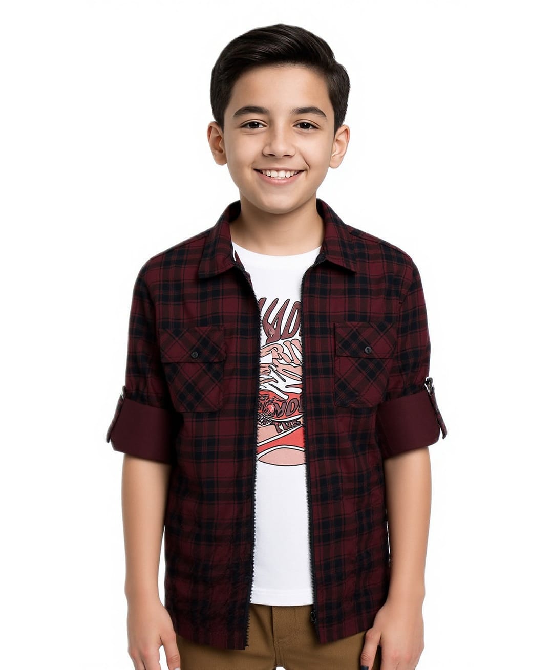CAVIO Cotton Woven Full Sleeves Checked Shirt With Tee - Maroon-picture-31