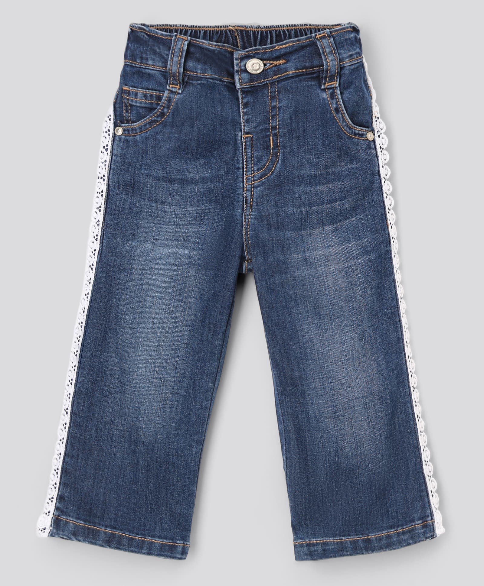 Bonfino Cotton Woven Full Length Wide Leg Washed Denim Jeans With Lace Detail - Blue-picture-29