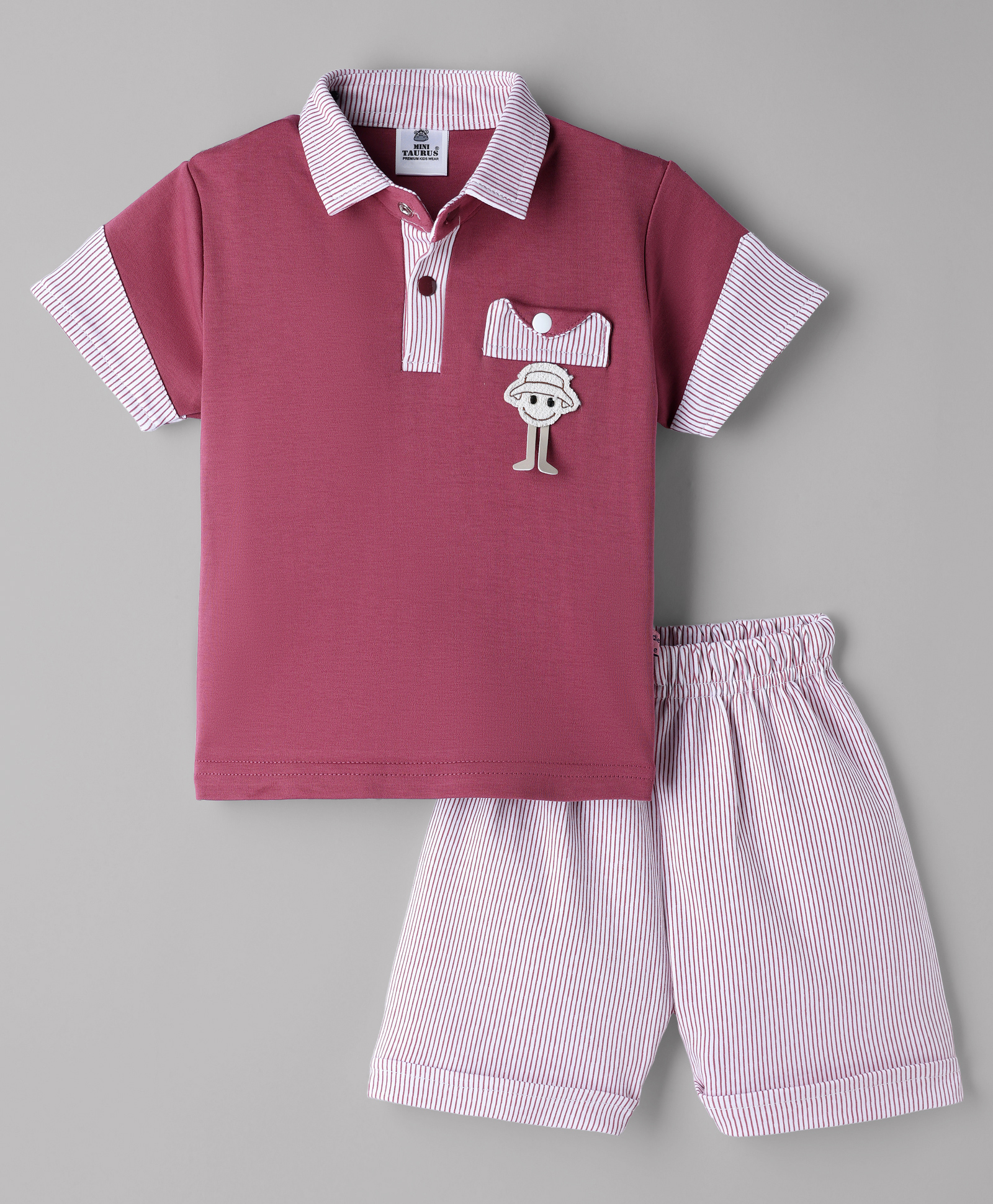Mini Taurus Cotton Knit Half Sleeves T-Shirt & Striped Shorts Set - Pink-picture-17