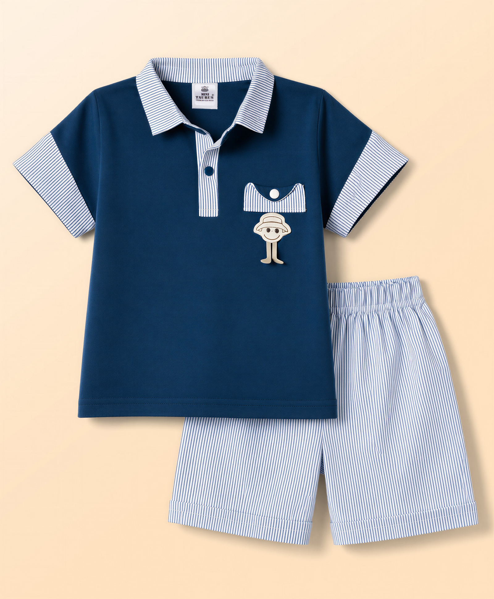 Mini Taurus Knit Half Sleeves Polo T-Shirt & Shorts Set with Stripes & Applique - Navy-image-5
