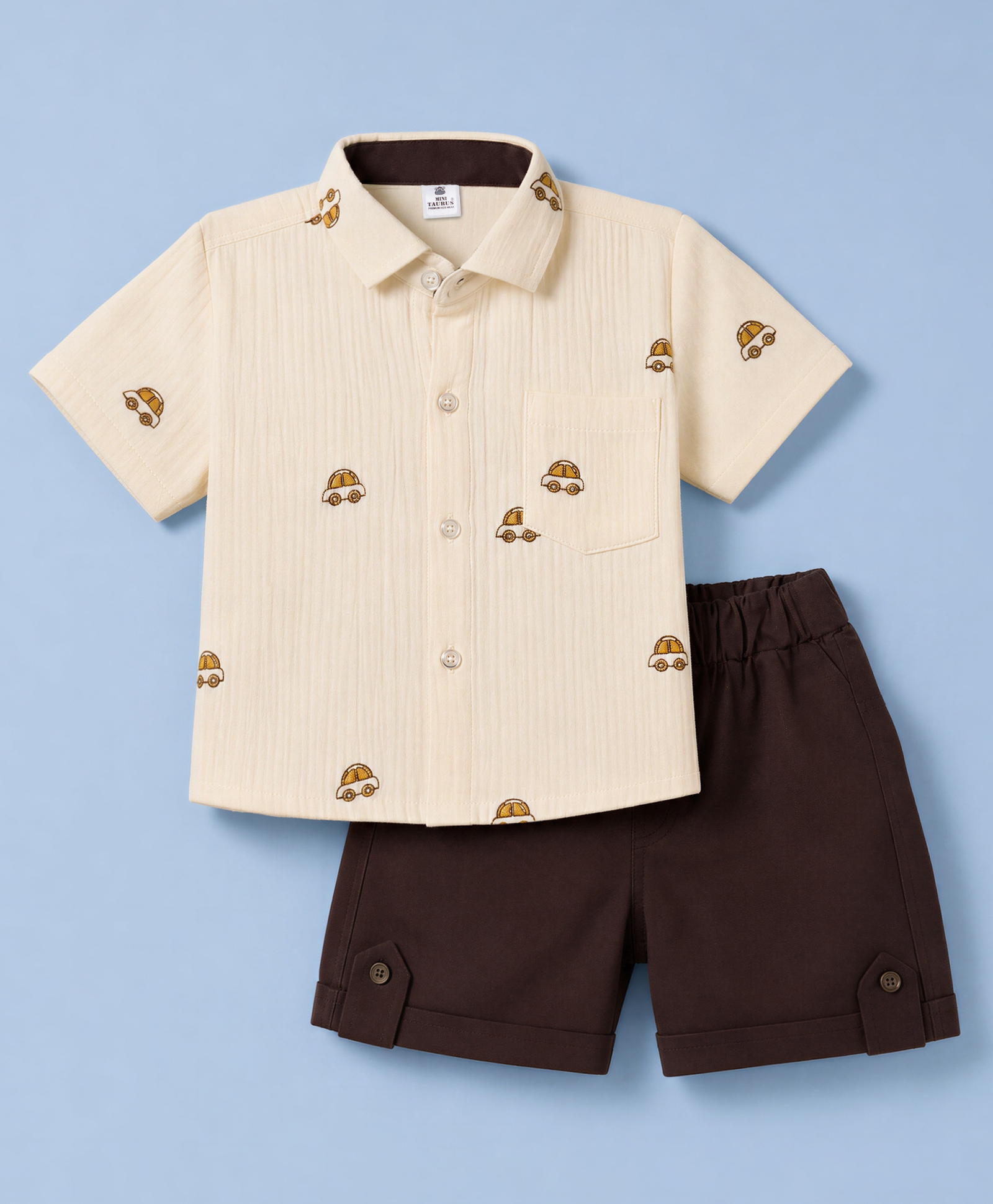 Mini Taurus Cotton Woven Half Sleeves Car Embroidered Shirt & Shorts Set - Dark Brown-image-27