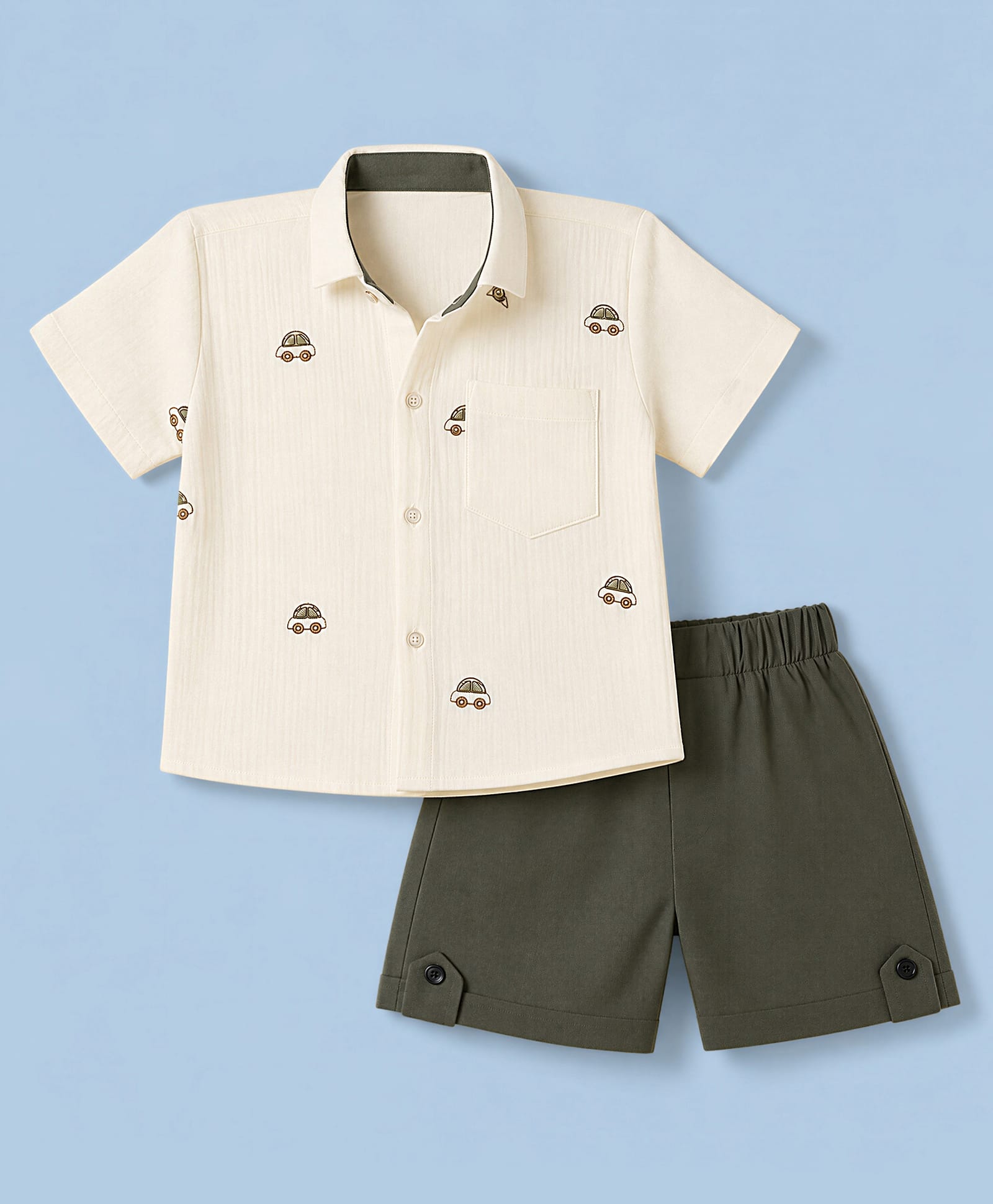 Mini Taurus Cotton Woven Half Sleeves Car Embroidered Shirt & Shorts Set - Olive Green-picture-22