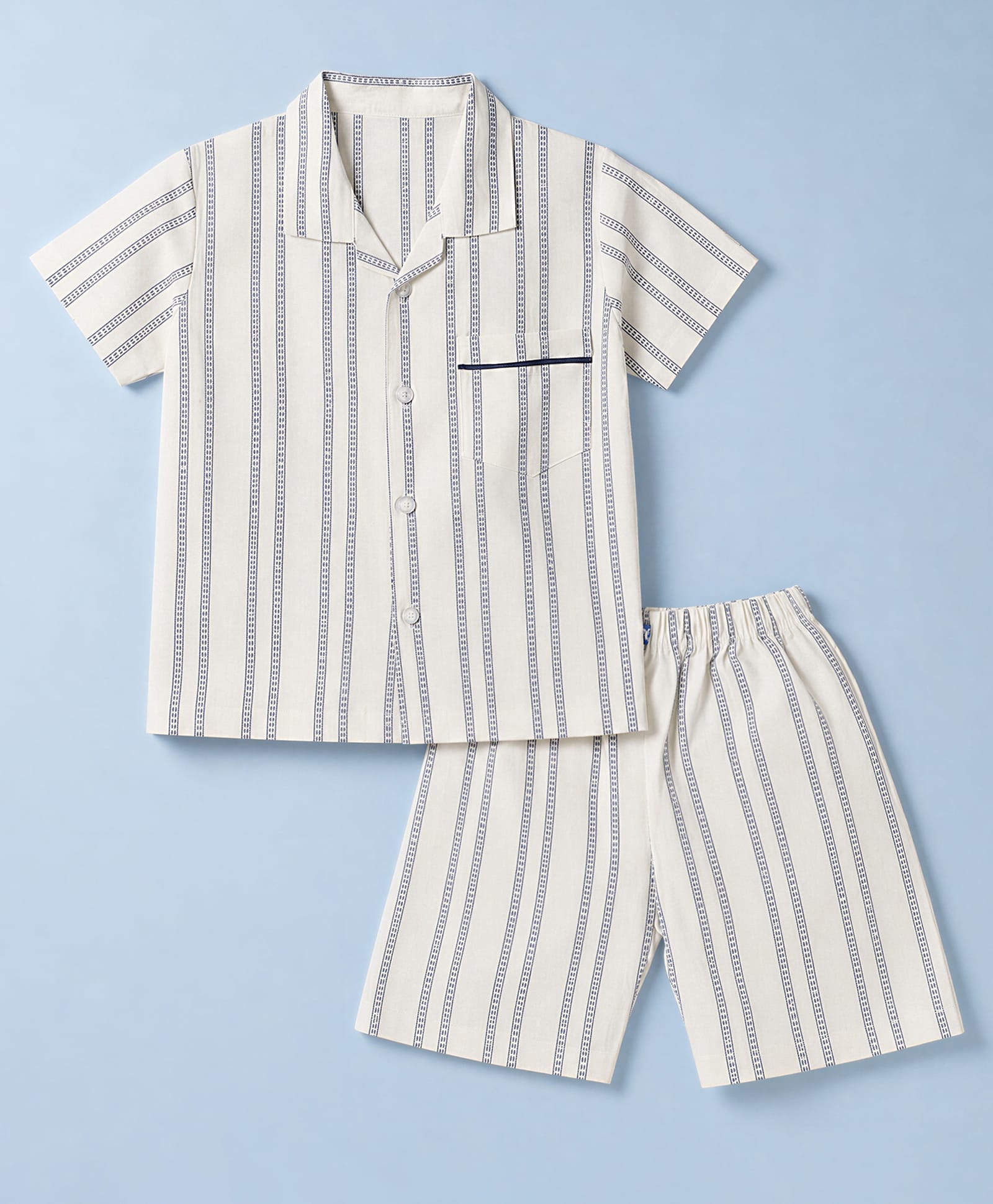 Mini Taurus Cotton Woven Half Sleeves Shirt & Shorts Co-ords Night Suit With Stripes Print - Blue-picture-48