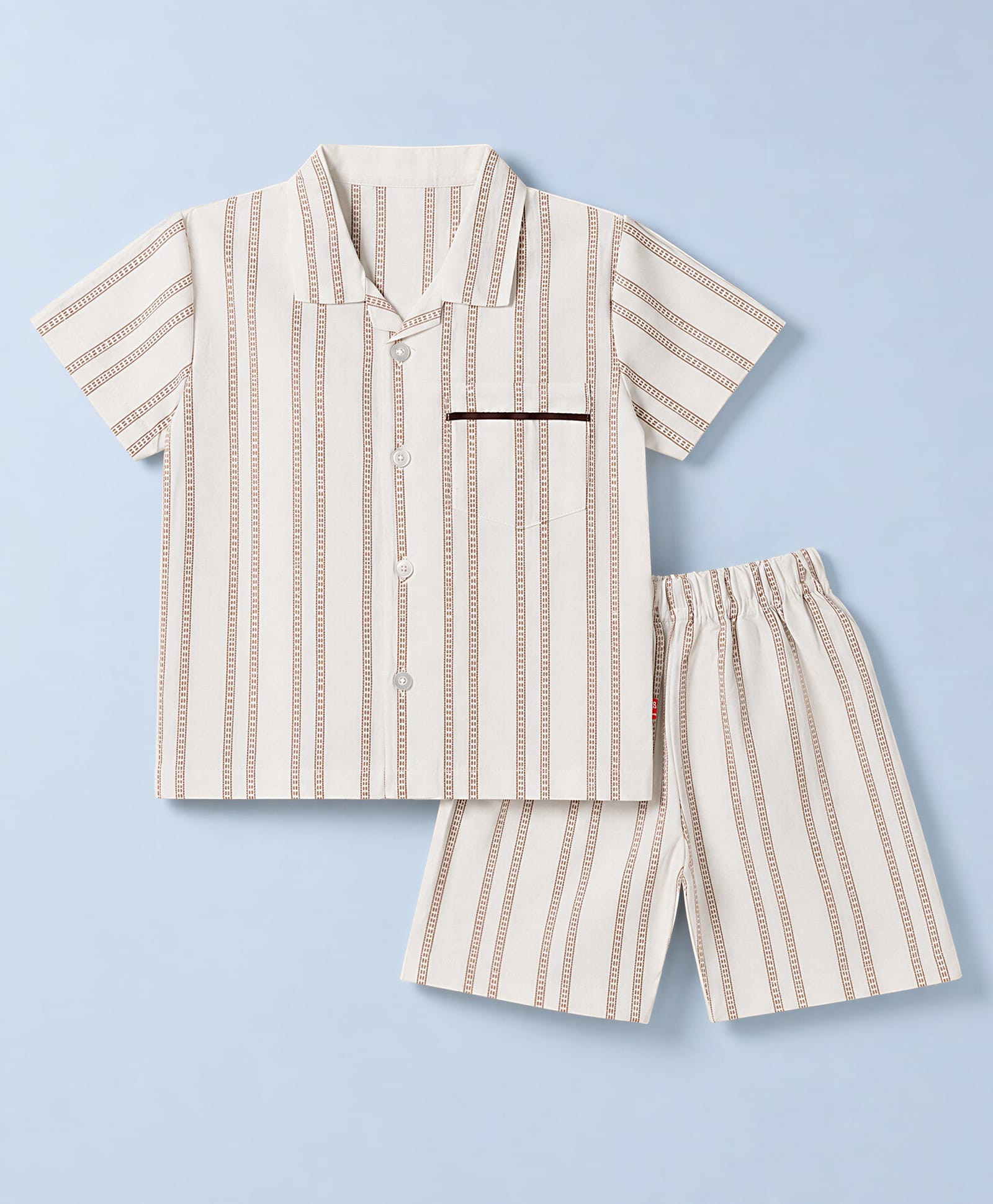 Mini Taurus Cotton Woven Half Sleeves Shirt & Shorts Co-ords Night Suit With Stripes Print - Brown-picture-7