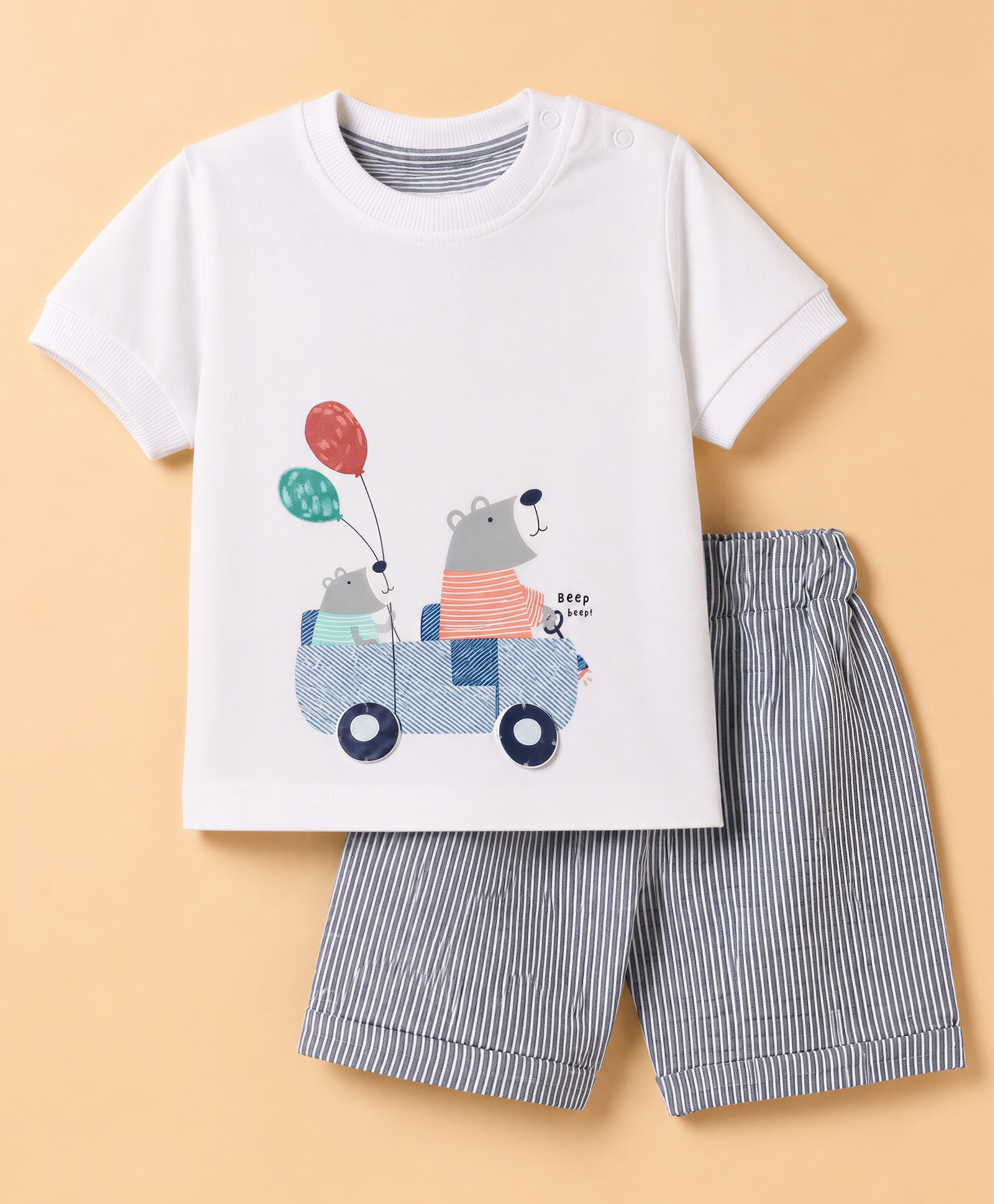 Mini Taurus Knit Half Sleeves T-Shirt & Shorts Set with Bear & Car Print -White & Blue-picture-0