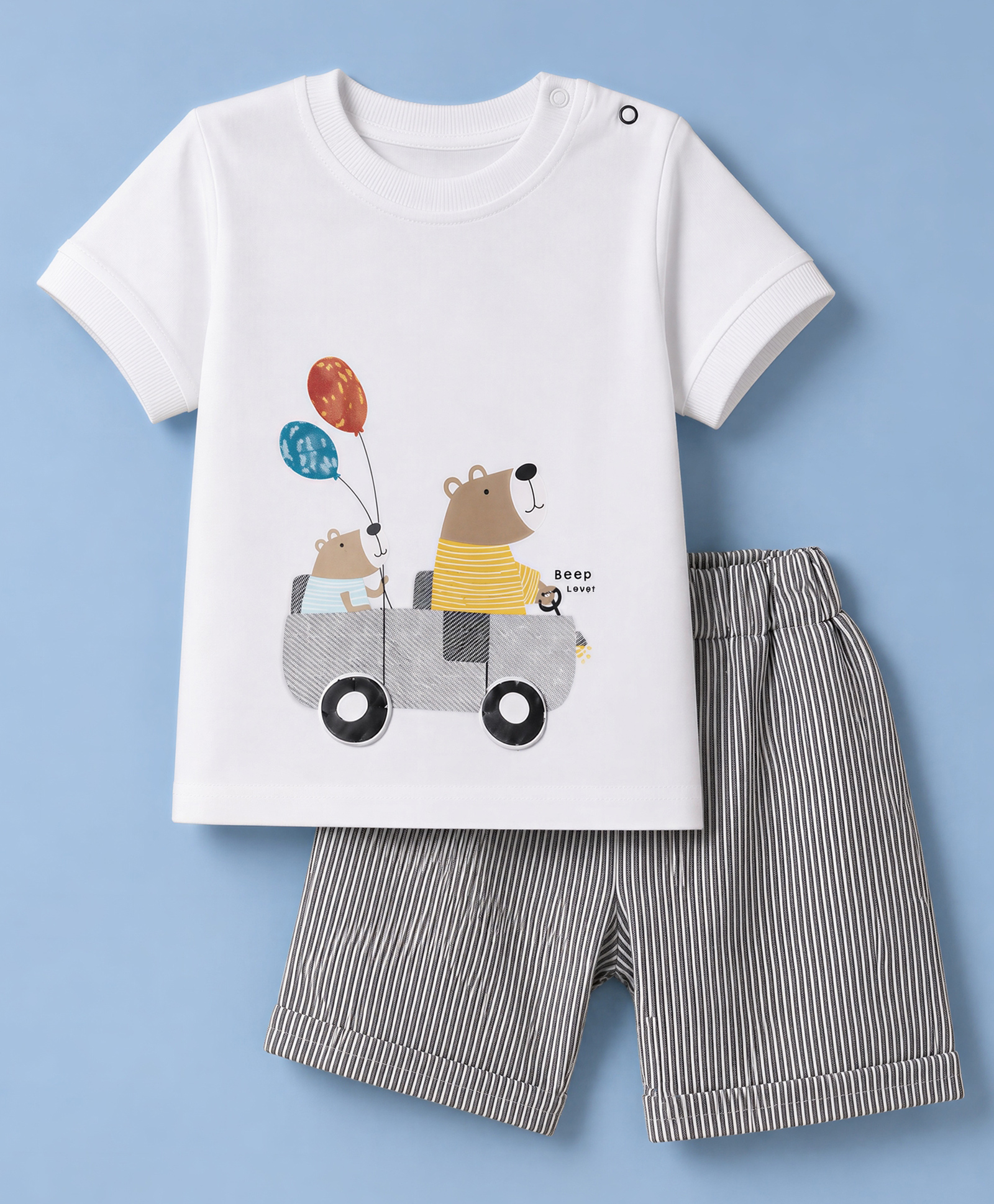 Mini Taurus Knit Half Sleeves T-Shirt & Shorts Set with Bear & Car Print -White & Charcoal Grey-picture-10
