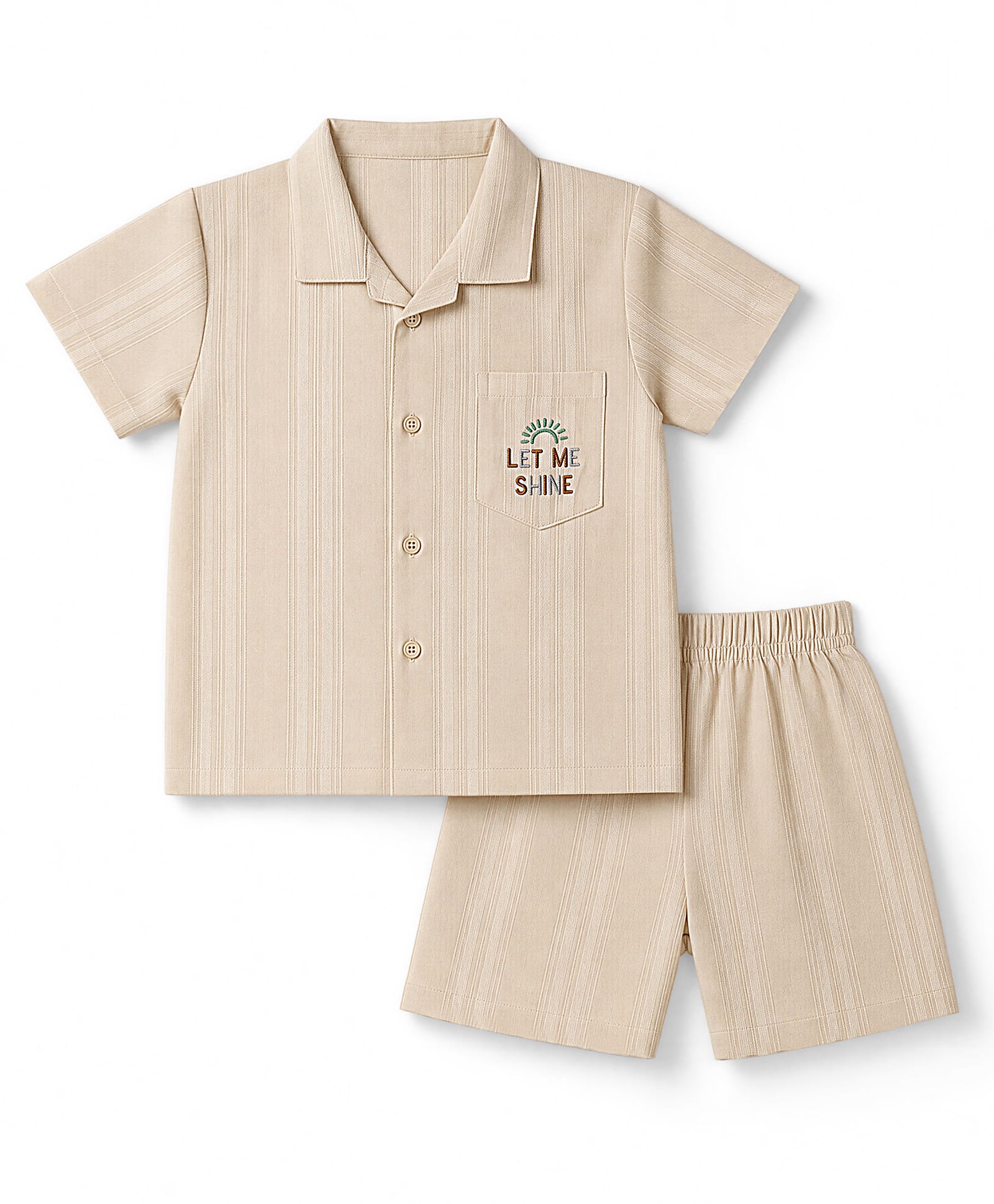 Mini Taurus Cotton Woven Half Sleeves Striped Shirt & Shorts Co-ords Night Suit With Text Embroidery - Beige-image-39