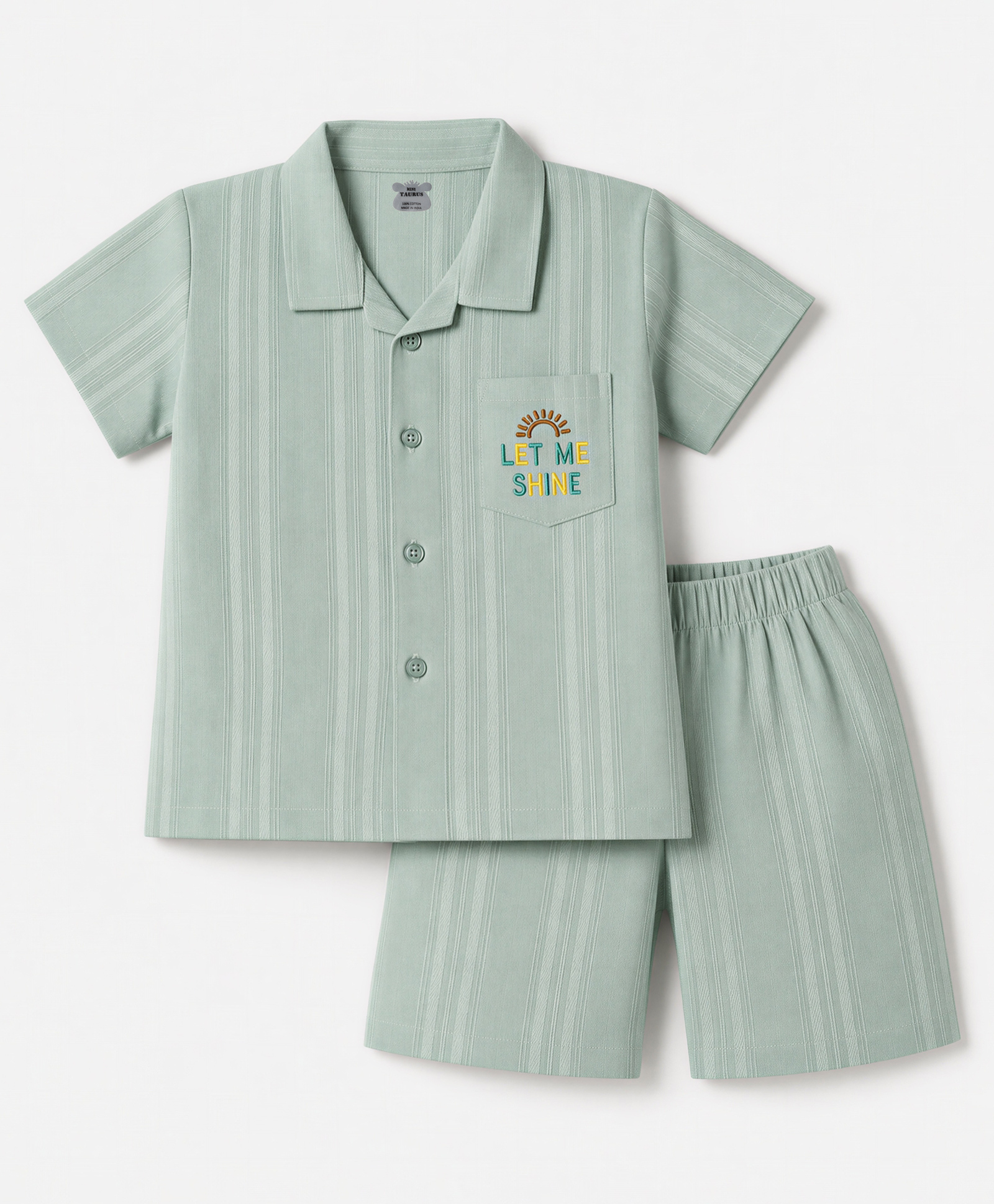Mini Taurus Cotton Woven Half Sleeves Shirt & Shorts Night suit With Text Embroidery - Green-image-14