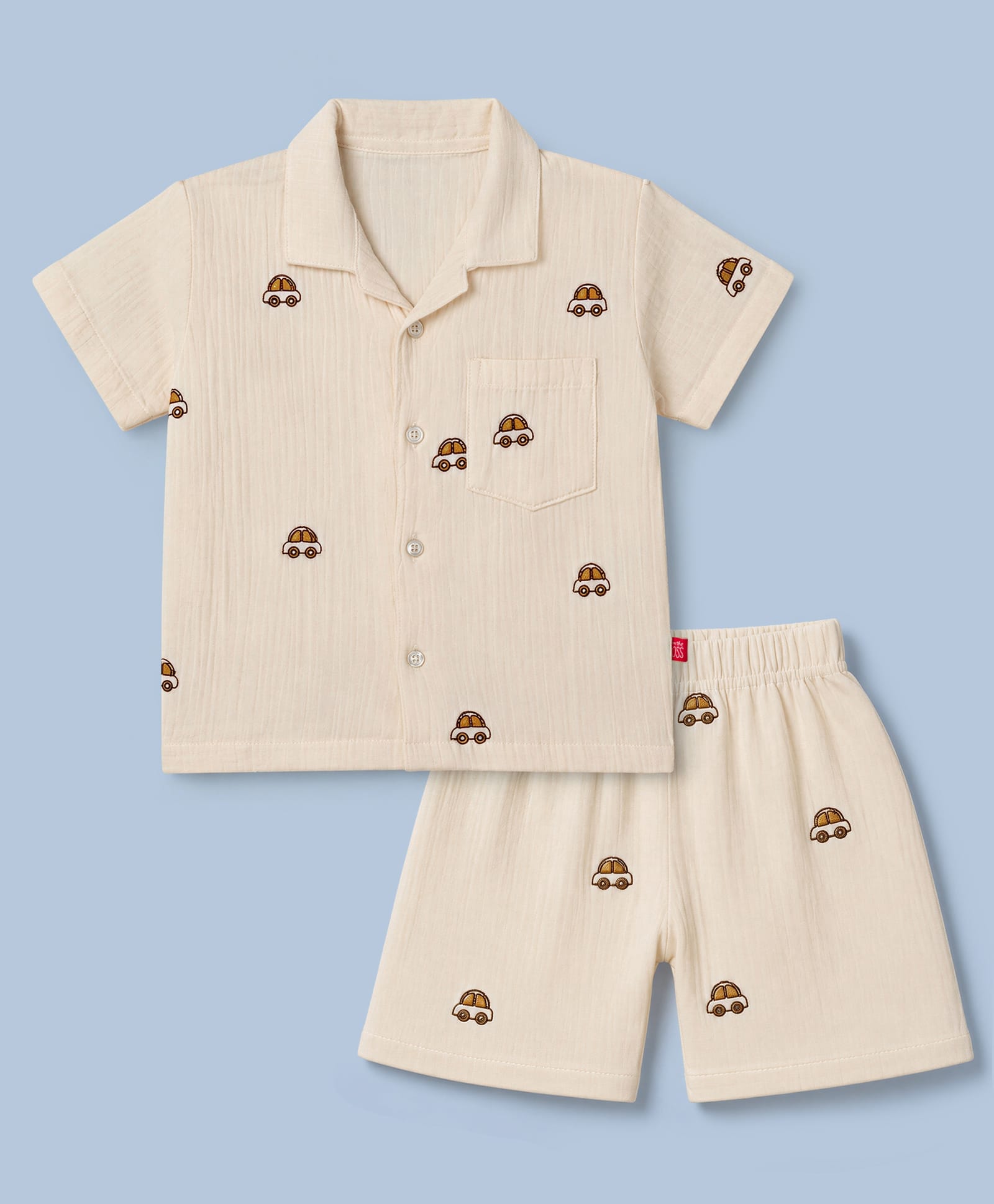 Mini Taurus Cotton Woven Half Sleeves Co-Ords Shirt & Shorts Nightsuit with Car Embroidery - Cream-picture-15
