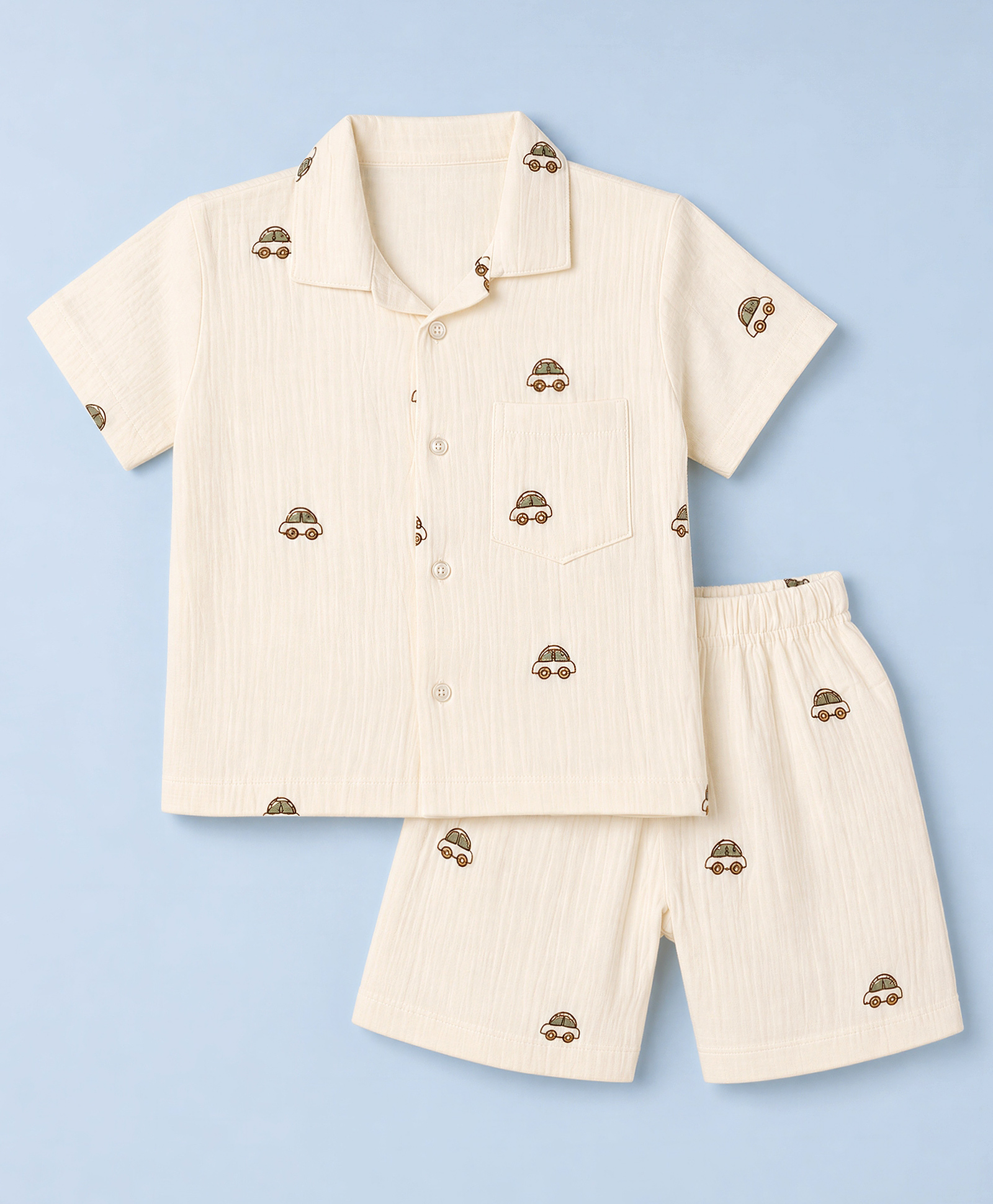 Mini Taurus Cotton Knit Half Sleeves Shirt & Shorts Co-ords Night Suit With Vehicle Embroidery - Cream-picture-17