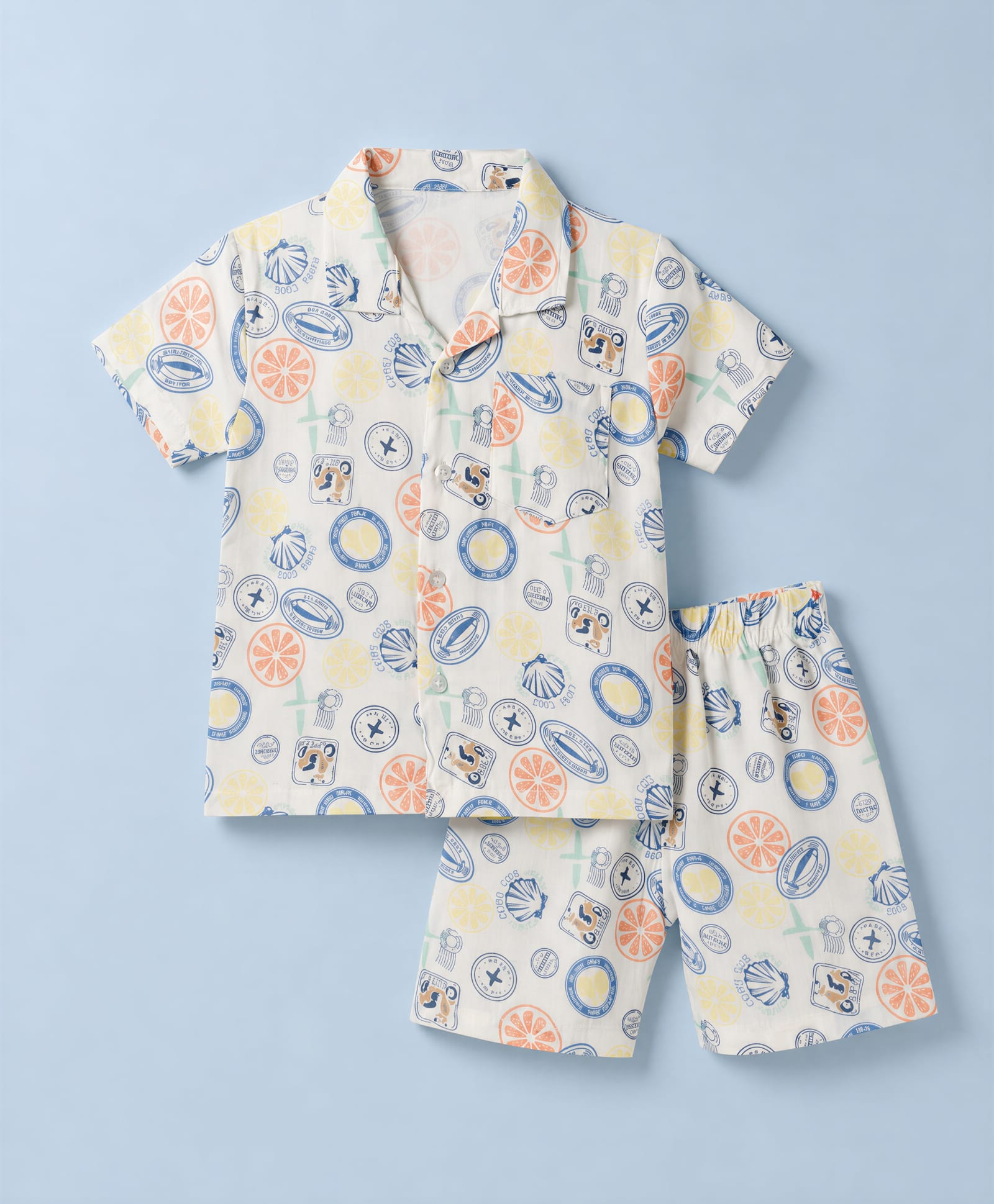 Mini Taurus Cotton Woven Half Sleeves Shirt & Shorts Co-ords Night Suit With Vacation Theme Print - Blue-picture-47