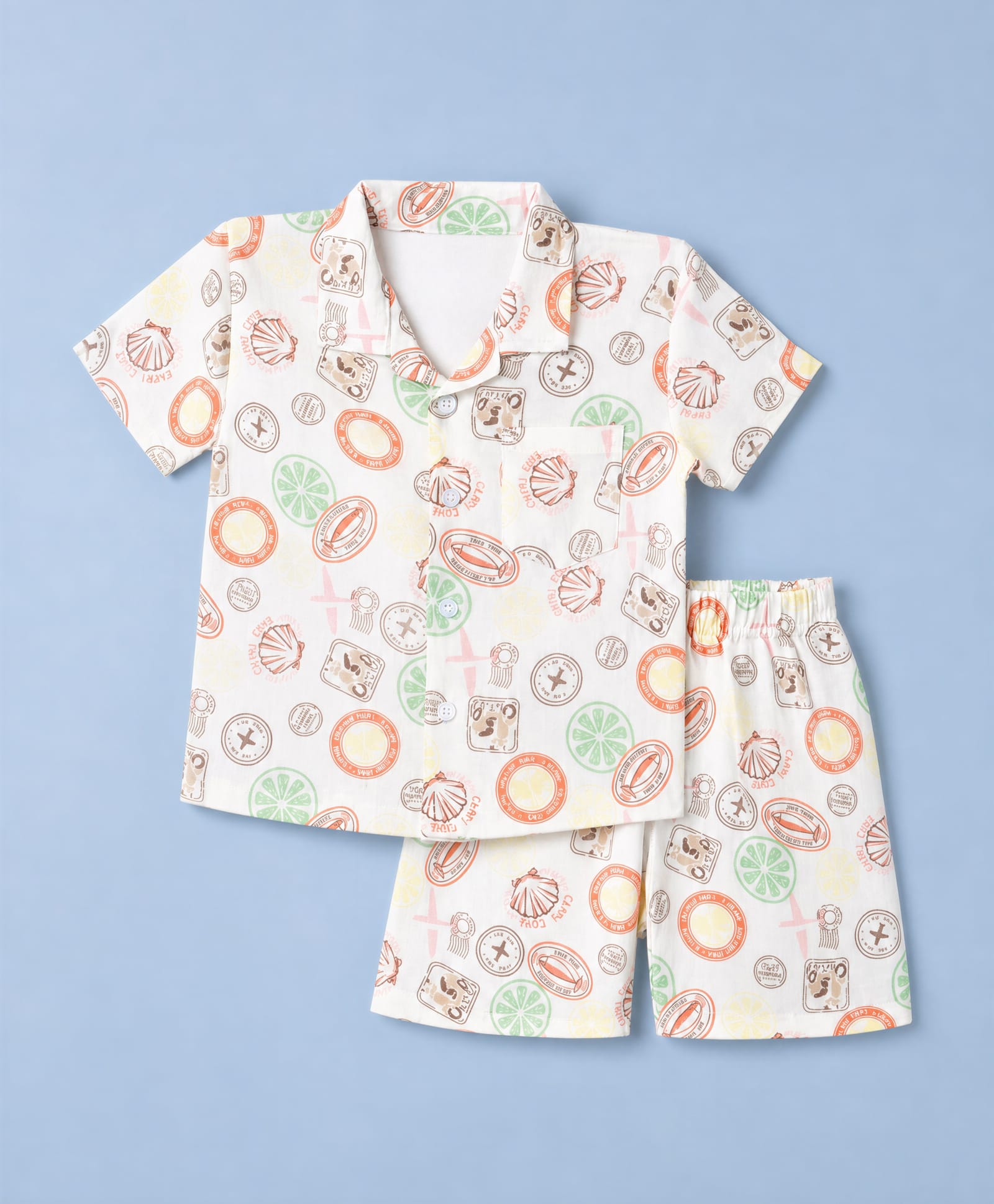 Mini Taurus Cotton Woven Half Sleeves Shirt & Shorts Co-ords Night Suit With Vacation Theme Print - Dark Peach-image-43