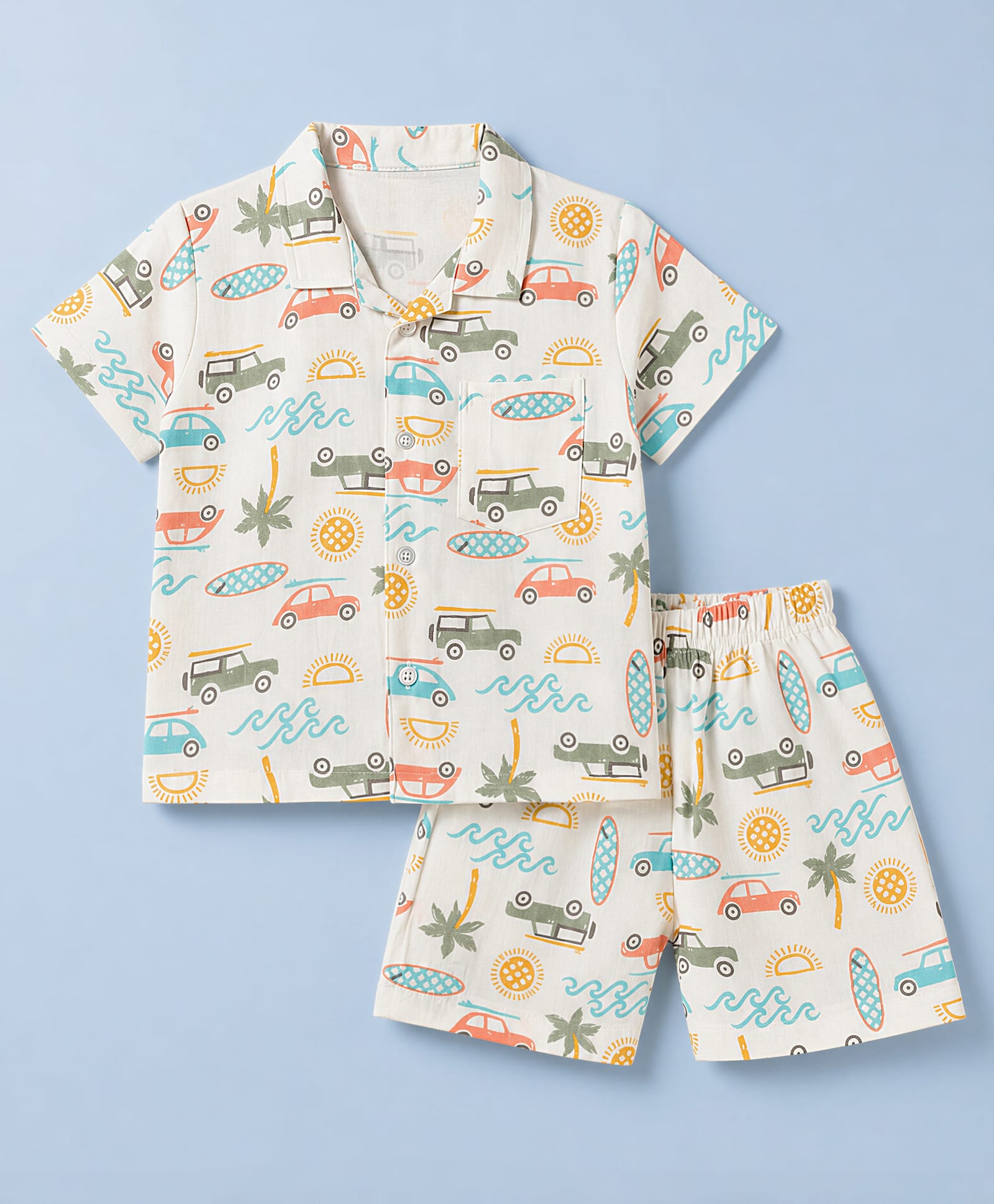 Mini Taurus Cotton Woven Half Sleeves Shirt & Shorts Co-ords Night Suit With Tropical & Vehicle Print - Green-picture-15