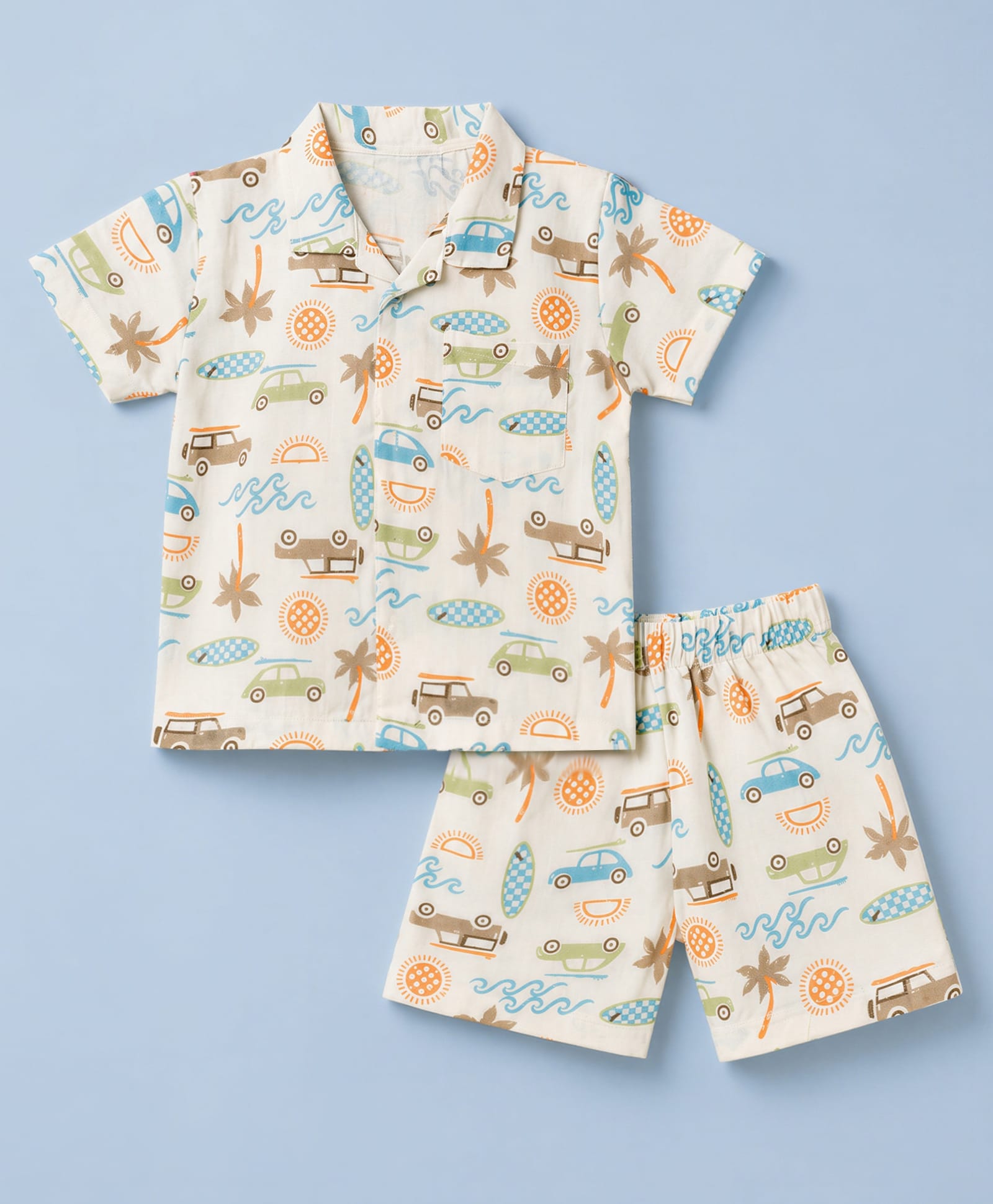 Mini Taurus Cotton Woven Half Sleeves Shirt & Shorts Co-ords Night Suit With Tropical & Vehicle Print - Light Brown-picture-37