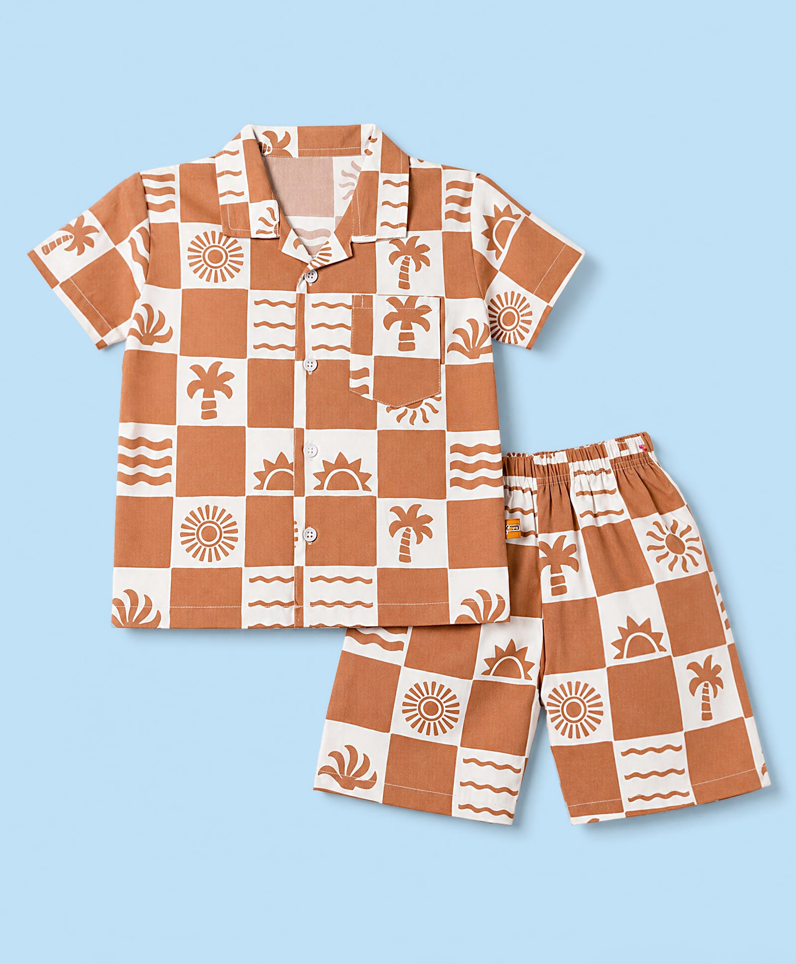 Mini Taurus Cotton Woven Half Sleeves Shirt & Shorts Co-ords Night Suit With Tropical Print - Rust Orange-picture-15