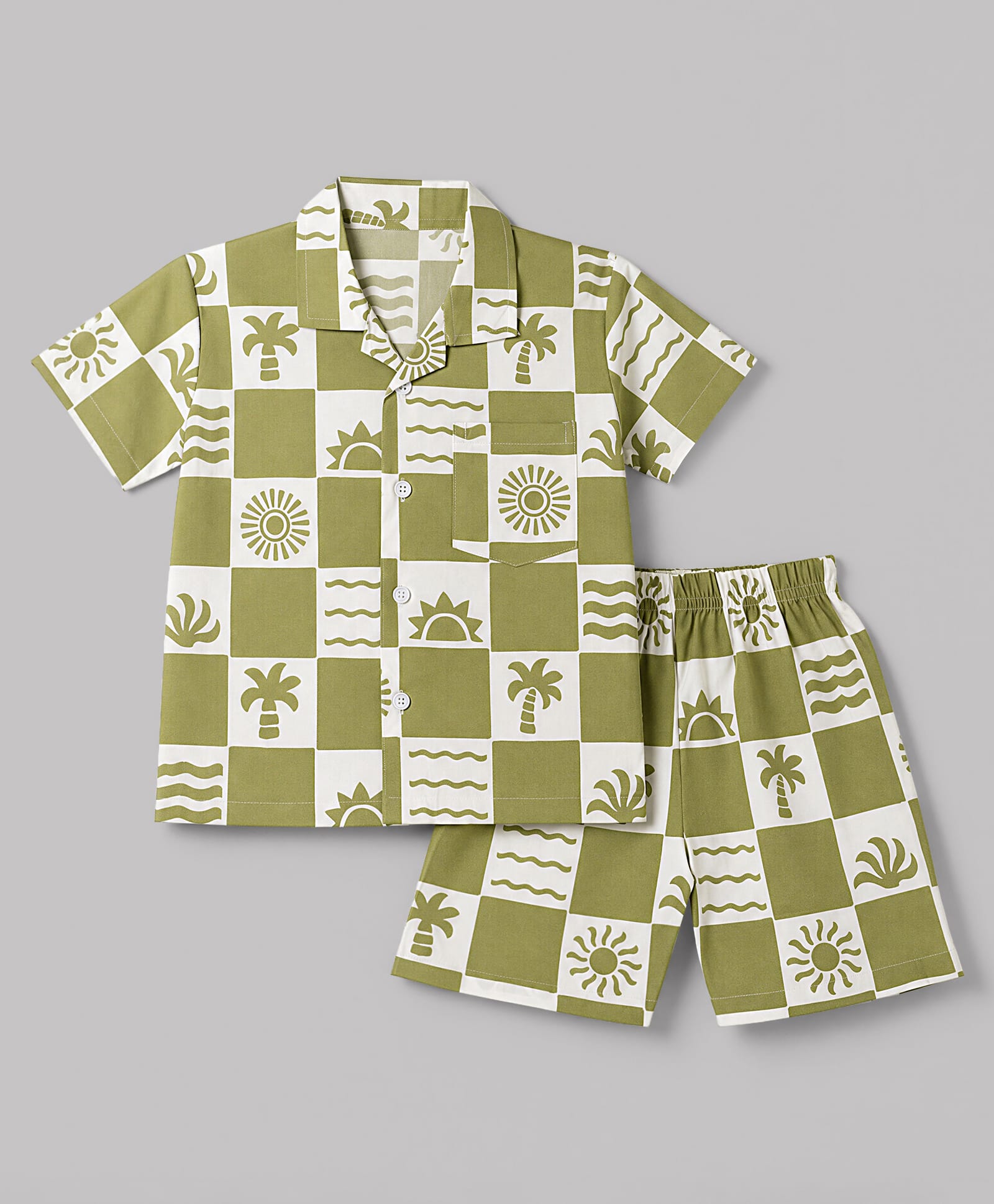 Mini Taurus Cotton Woven Half Sleeves Shirt & Shorts Co-ords Night Suit With Tropical Print - Lime Green-image-49