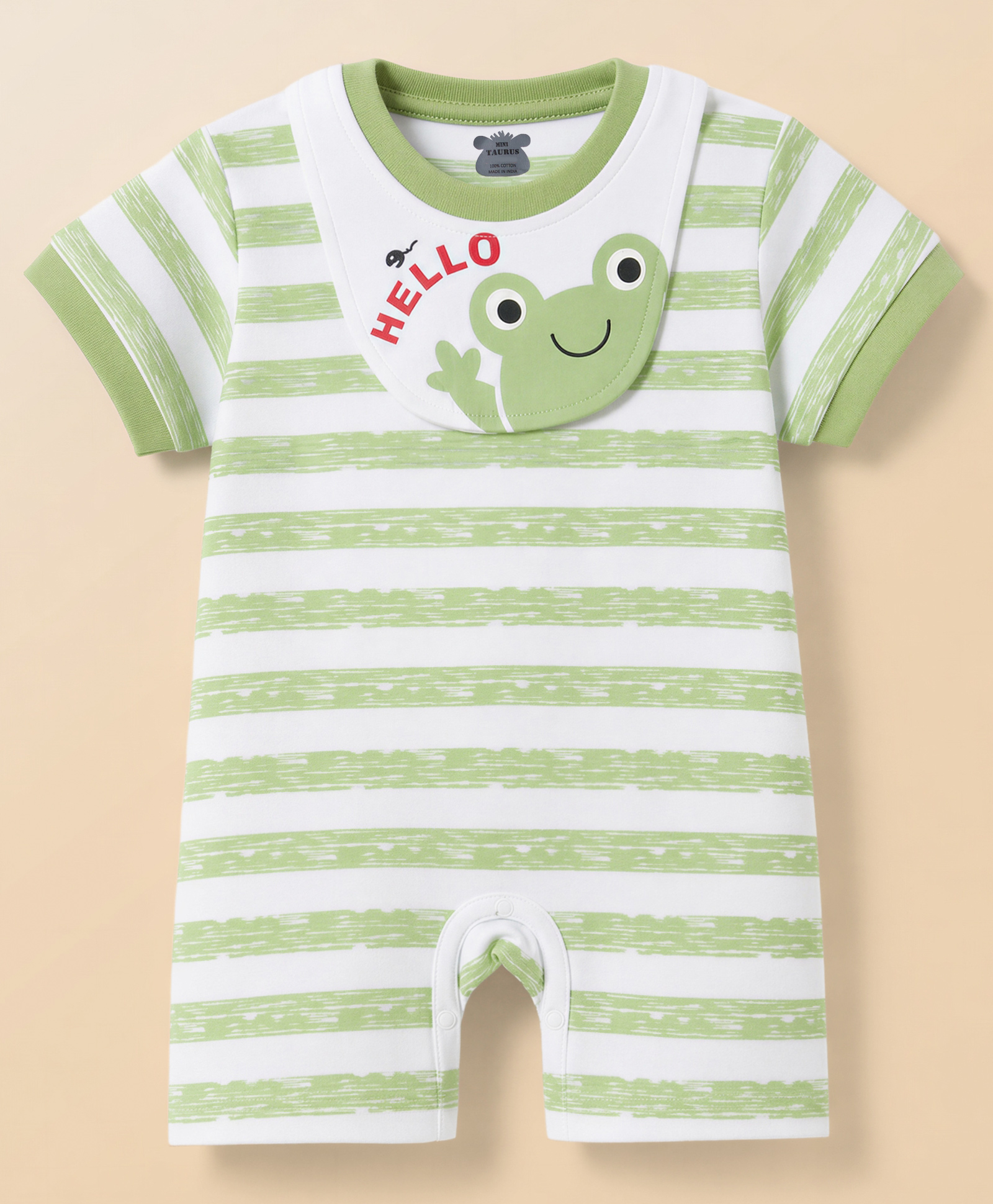 Mini Taurus Knit Half Sleeves Striped & Frog Printed Romper - Light Green-picture-27