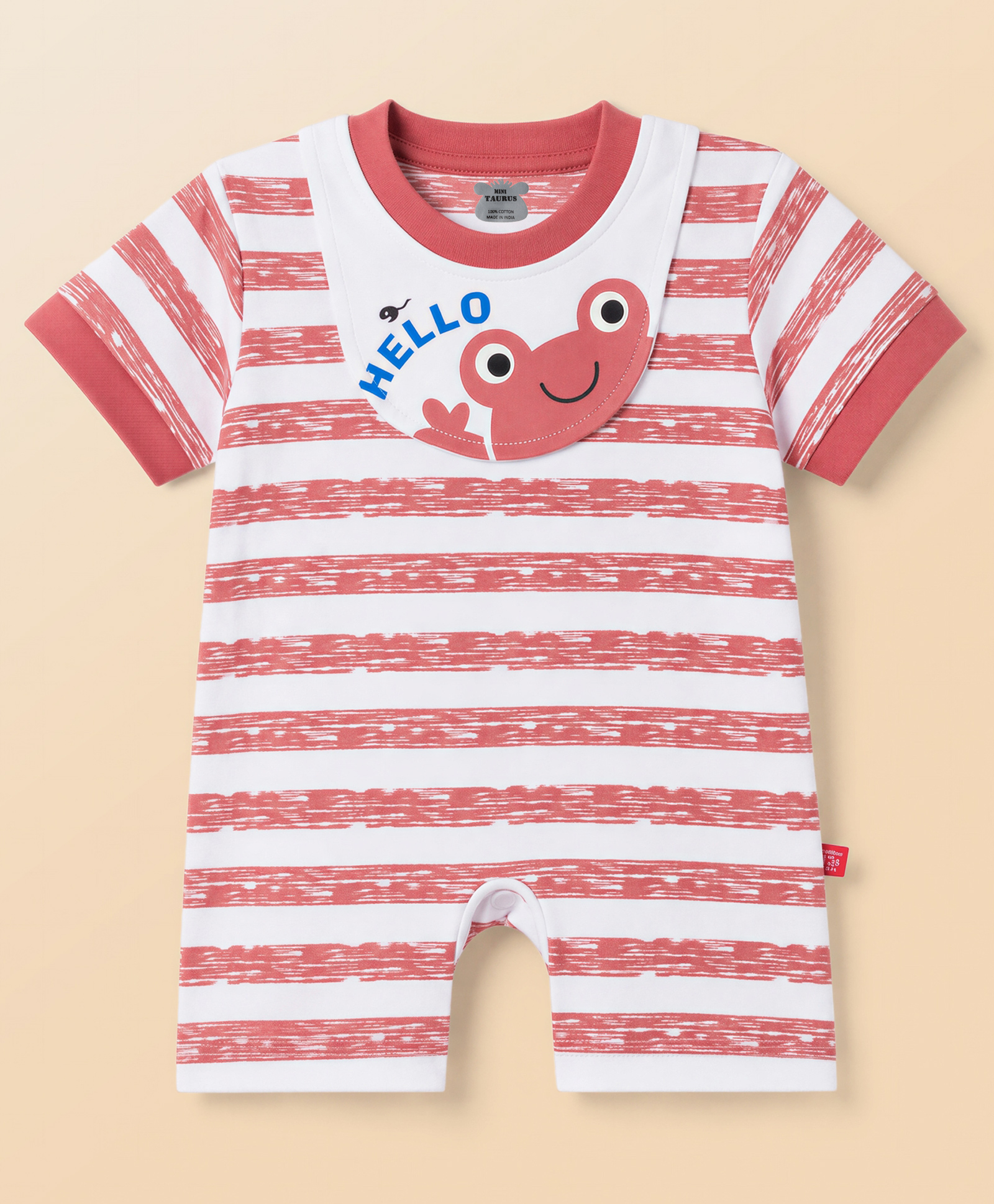Mini Taurus Knit Half Sleeves Striped & Frog Printed Romper - Light Red-picture-4