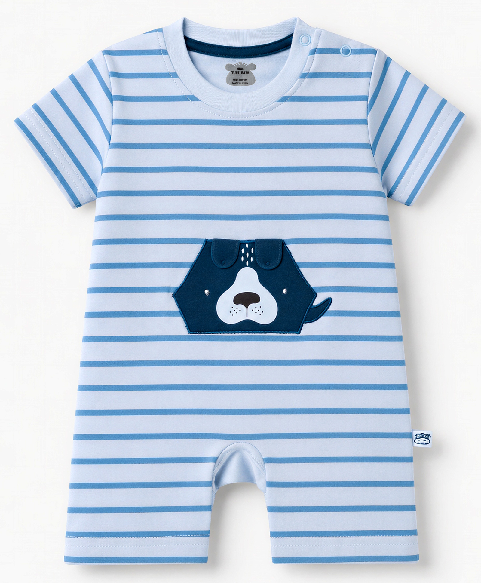 Mini Taurus Knitted Half Sleeves Striped & Animal Embroidered Romper - Light Blue-picture-26