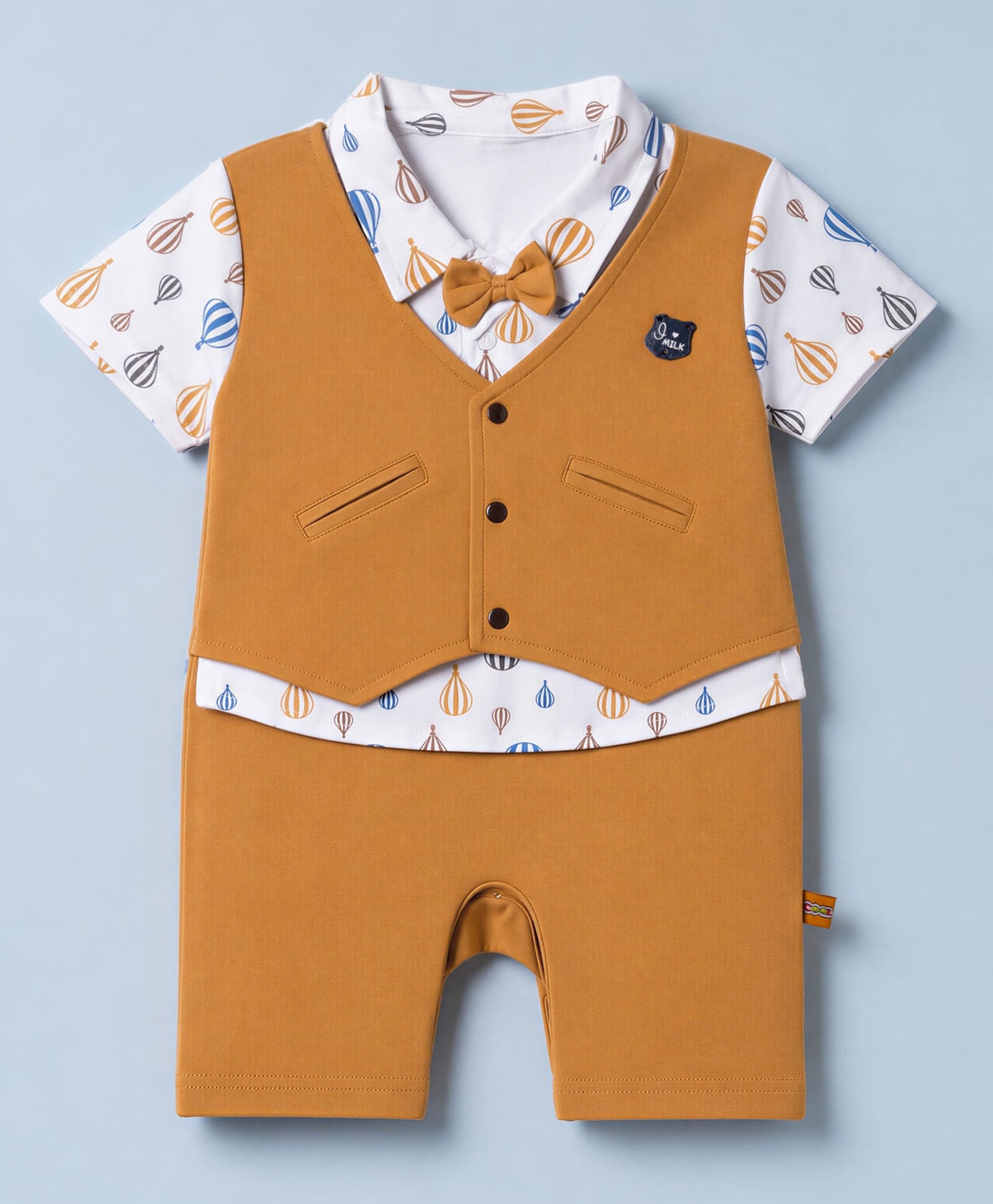 Mini Taurus Knit Half Sleeves Party Romper with Air Balloon Print & Attached Bow- Mustard-image-24