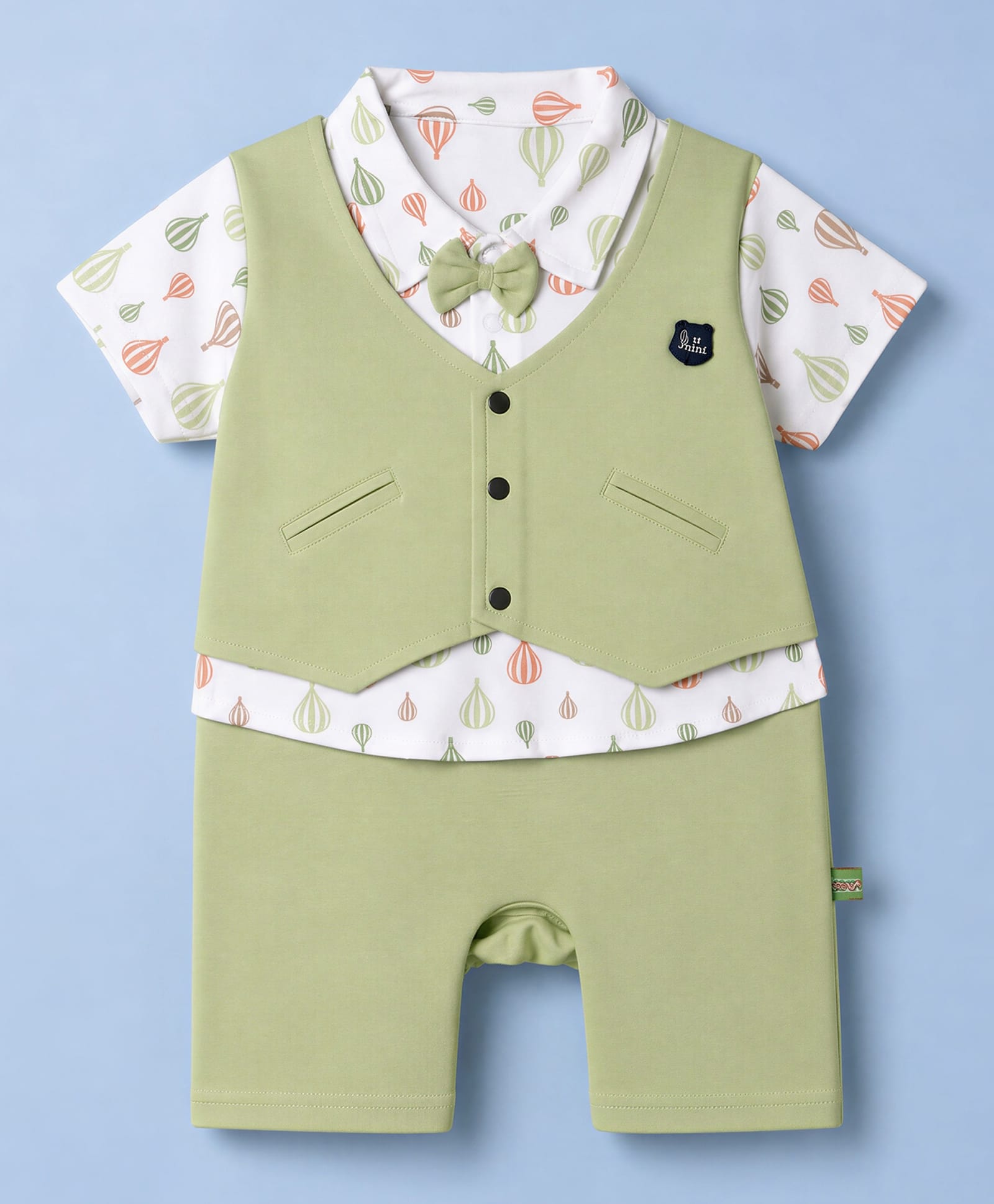 Mini Taurus Knit Half Sleeves Party Romper with Air Balloon Print & Attached Bow- Light Green-picture-17