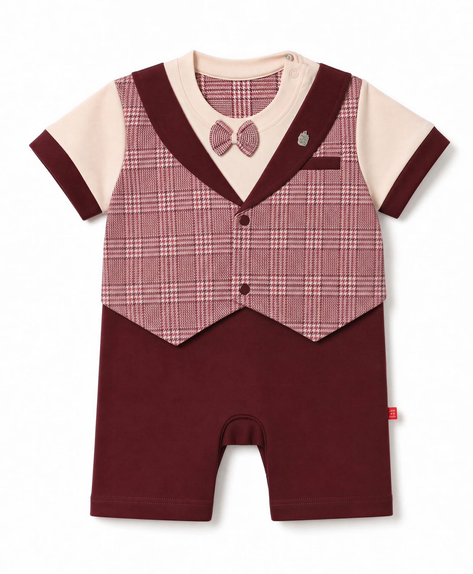 Mini Taurus Knit Half Sleeves Party Romper with Checks & Attached Bow- Maroon-picture-16