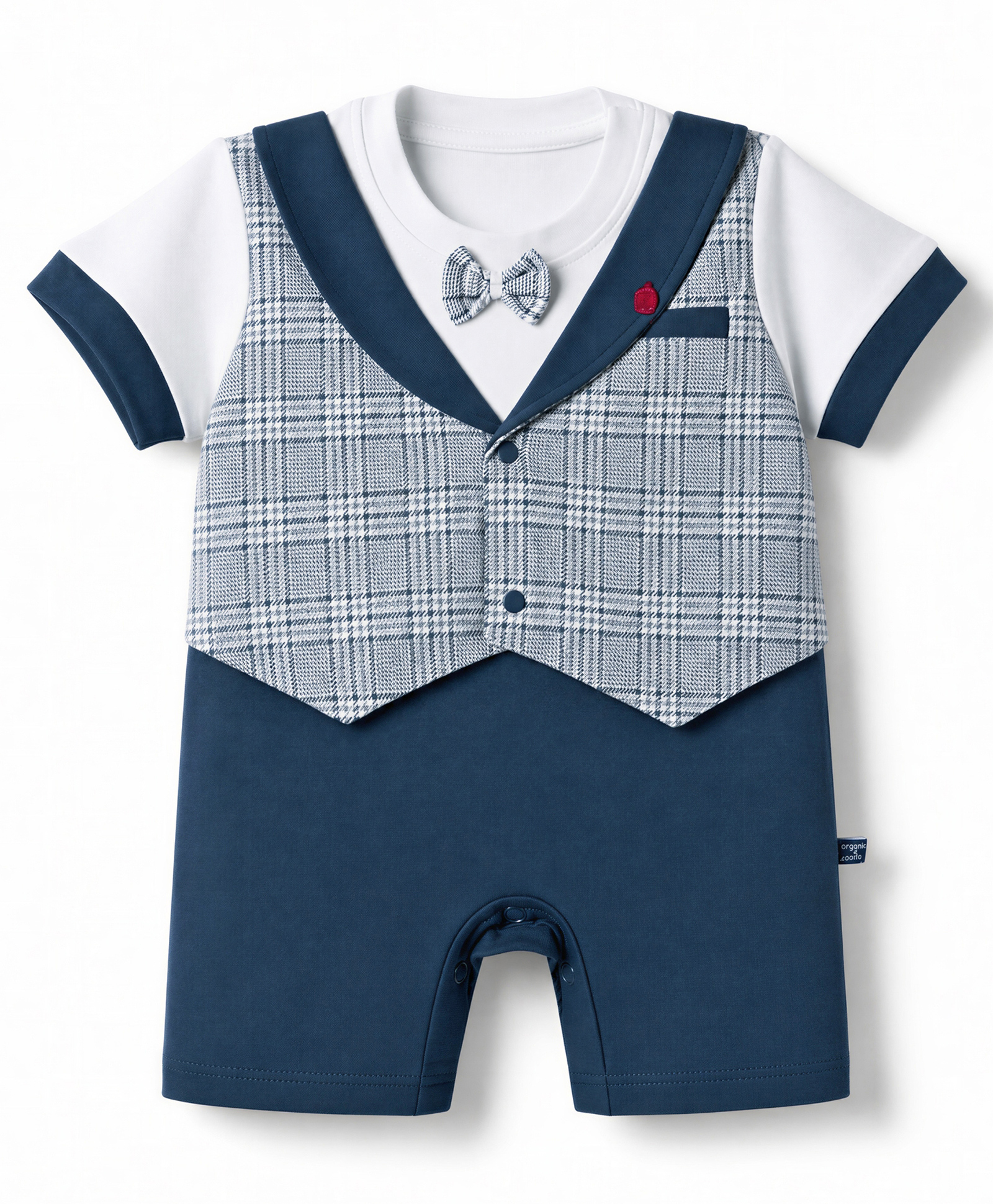 Mini Taurus Knit Half Sleeves Party Romper with Checks & Attached Bow- Navy-picture-12