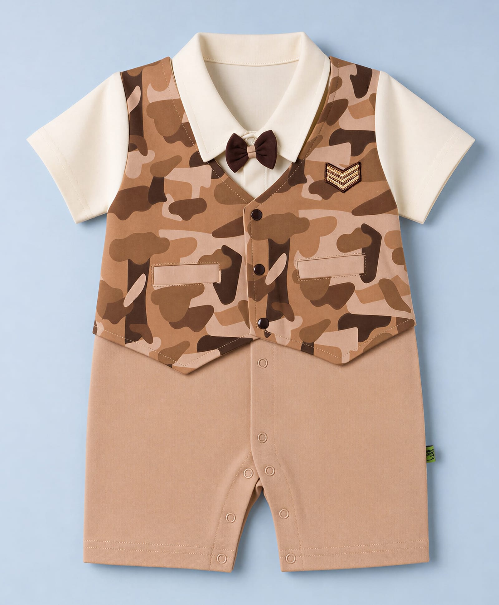Mini Taurus Knit Half Sleeves Party Romper with Camouflage Print & Attached Bow- Light Brown-picture-26