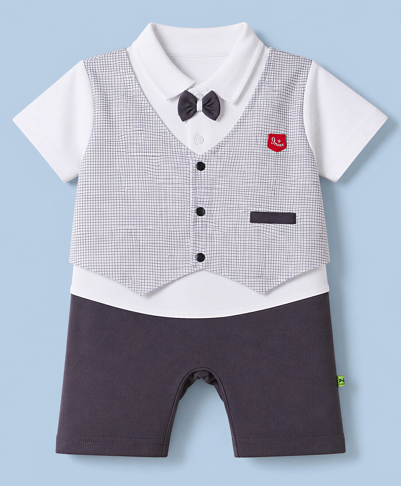 Mini Taurus Knit Half Sleeves Checkered Party Romper With Bow & Text Patch- Grey-picture-21