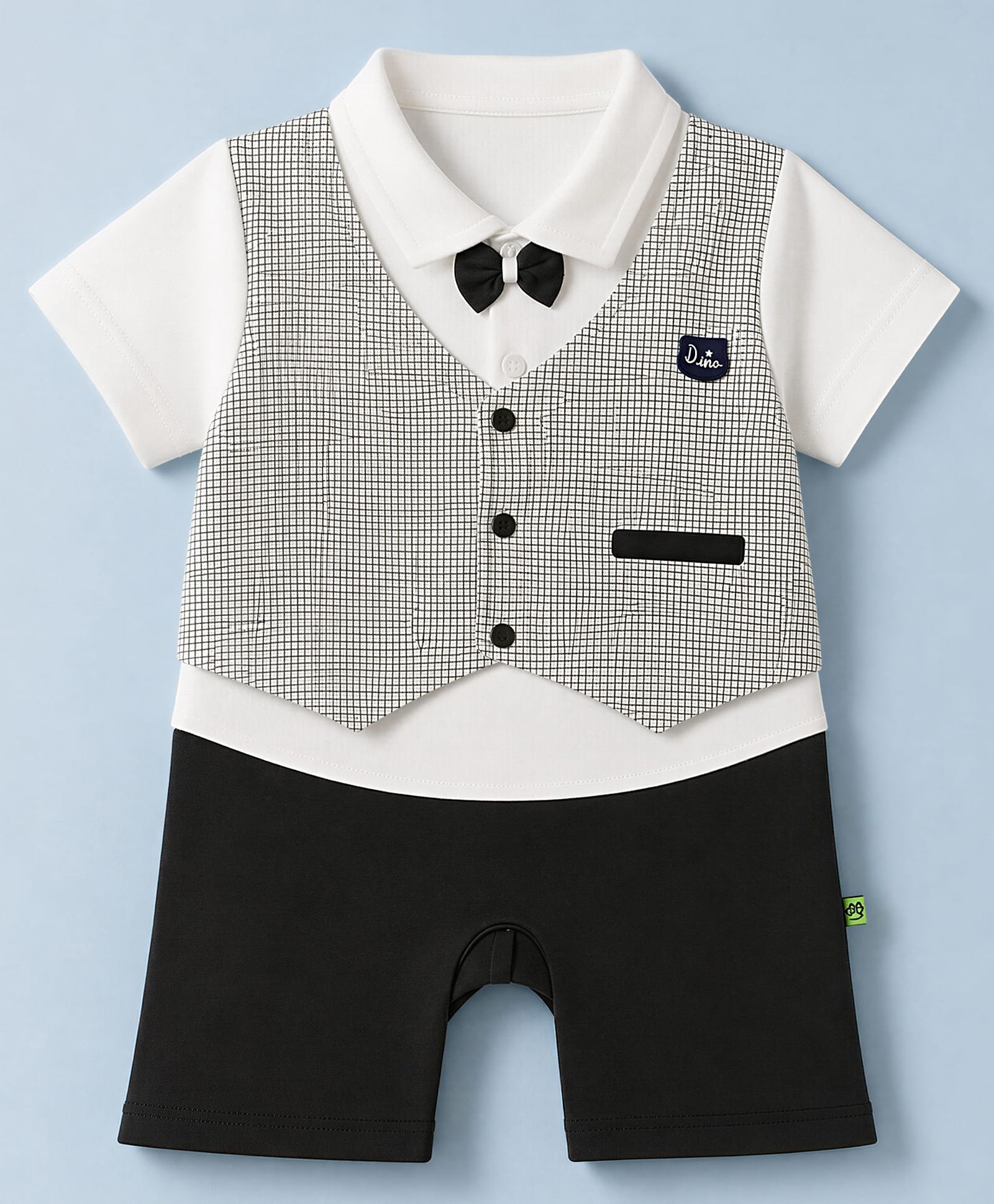 Mini Taurus Knit Half Sleeves Checkered Party Romper With Bow & Text Patch- Dark Green-image-37