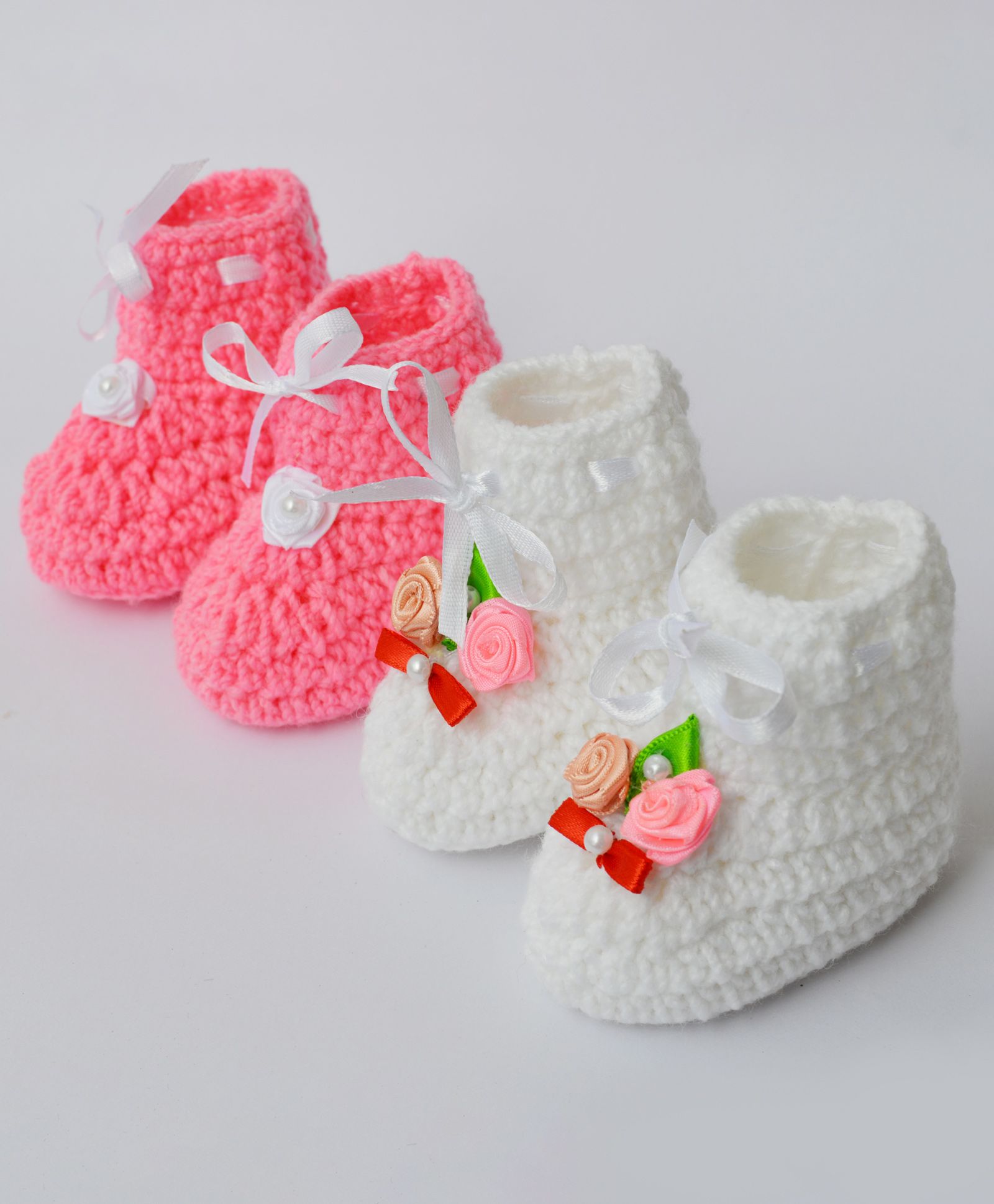 Love Crochet Art Lace & Flower Applique Booties Set - Pink & White-image-11